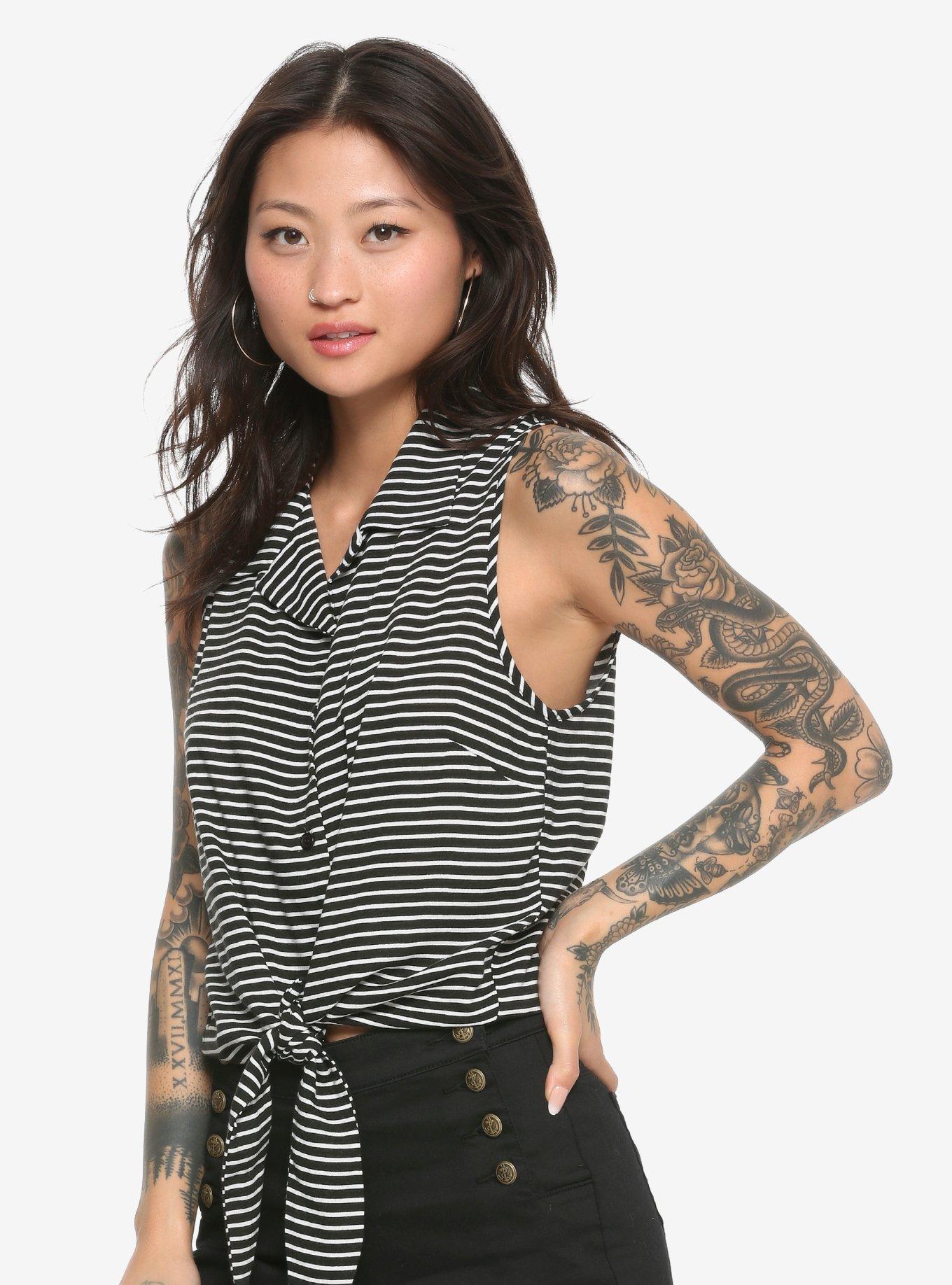 Black & White Stripe TieFront Girls ButtonUp Tank Top Hot Topic