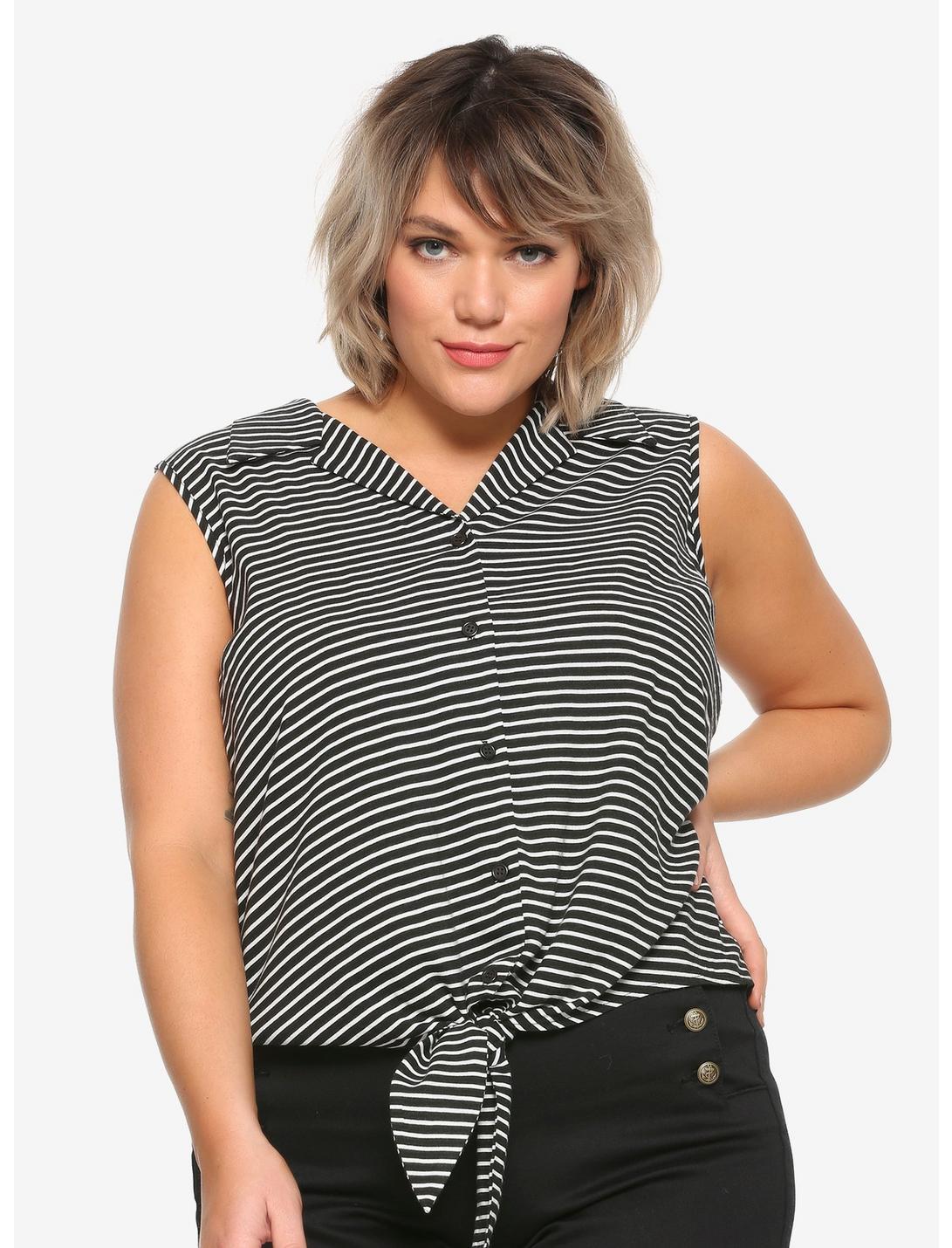 Black & White Stripe Tie-Front Girls Button-Up Plus Size, BLACK-WHITE STRIPE, hi-res