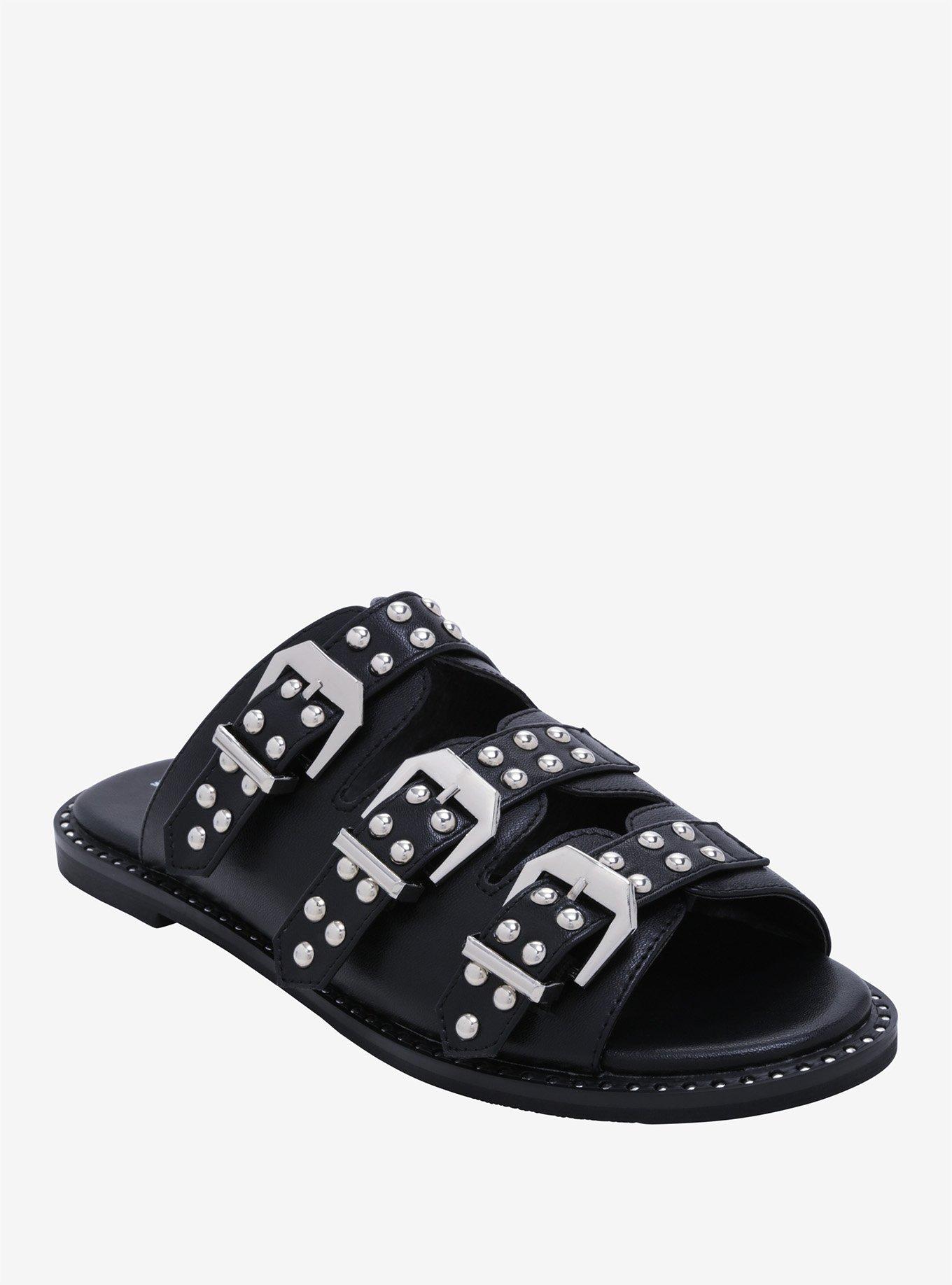 Studded Buckle Sandals, BLACK, hi-res