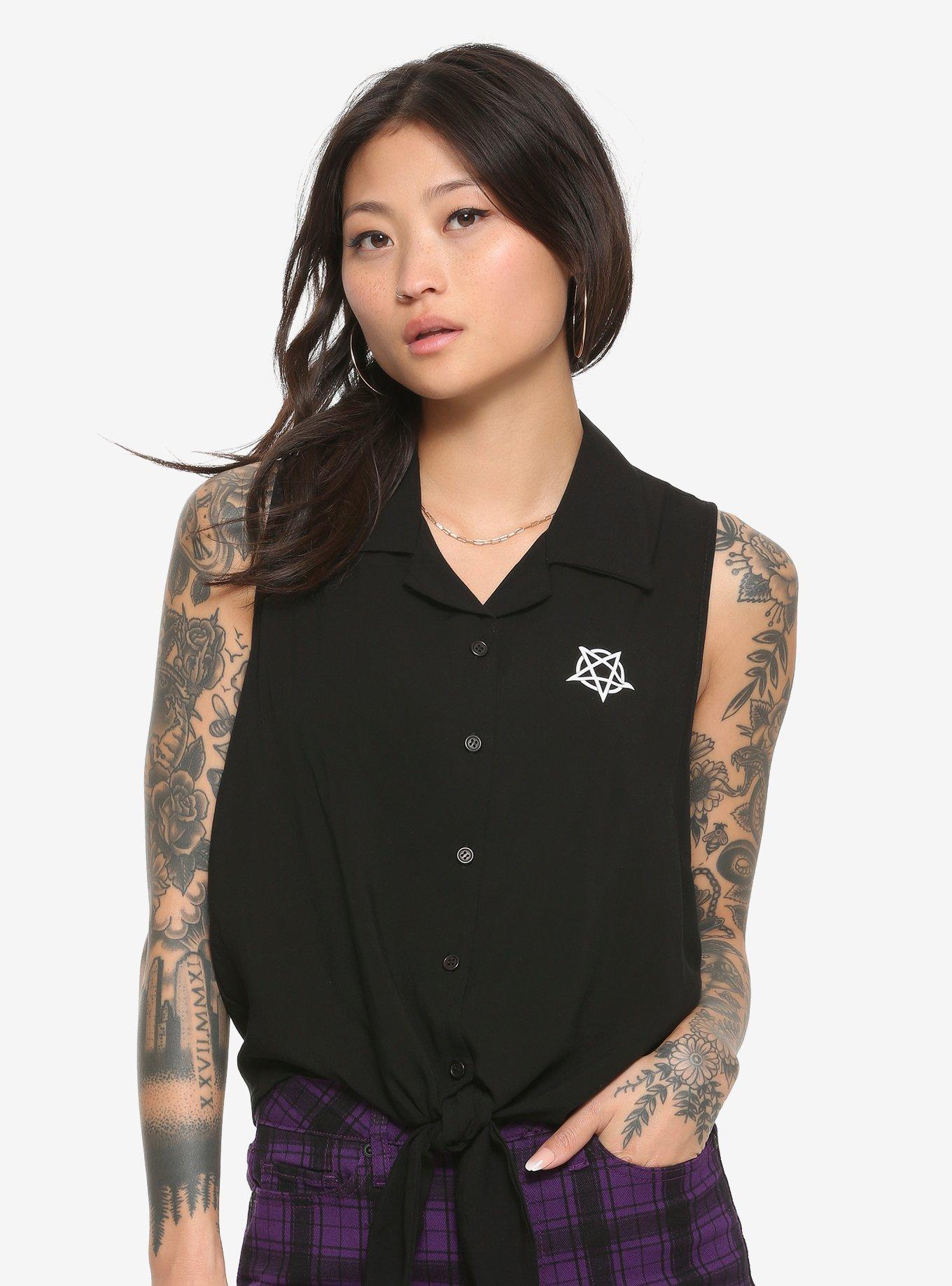 Wicked Fun TieFront Girls Woven ButtonUp Tank Top Hot Topic