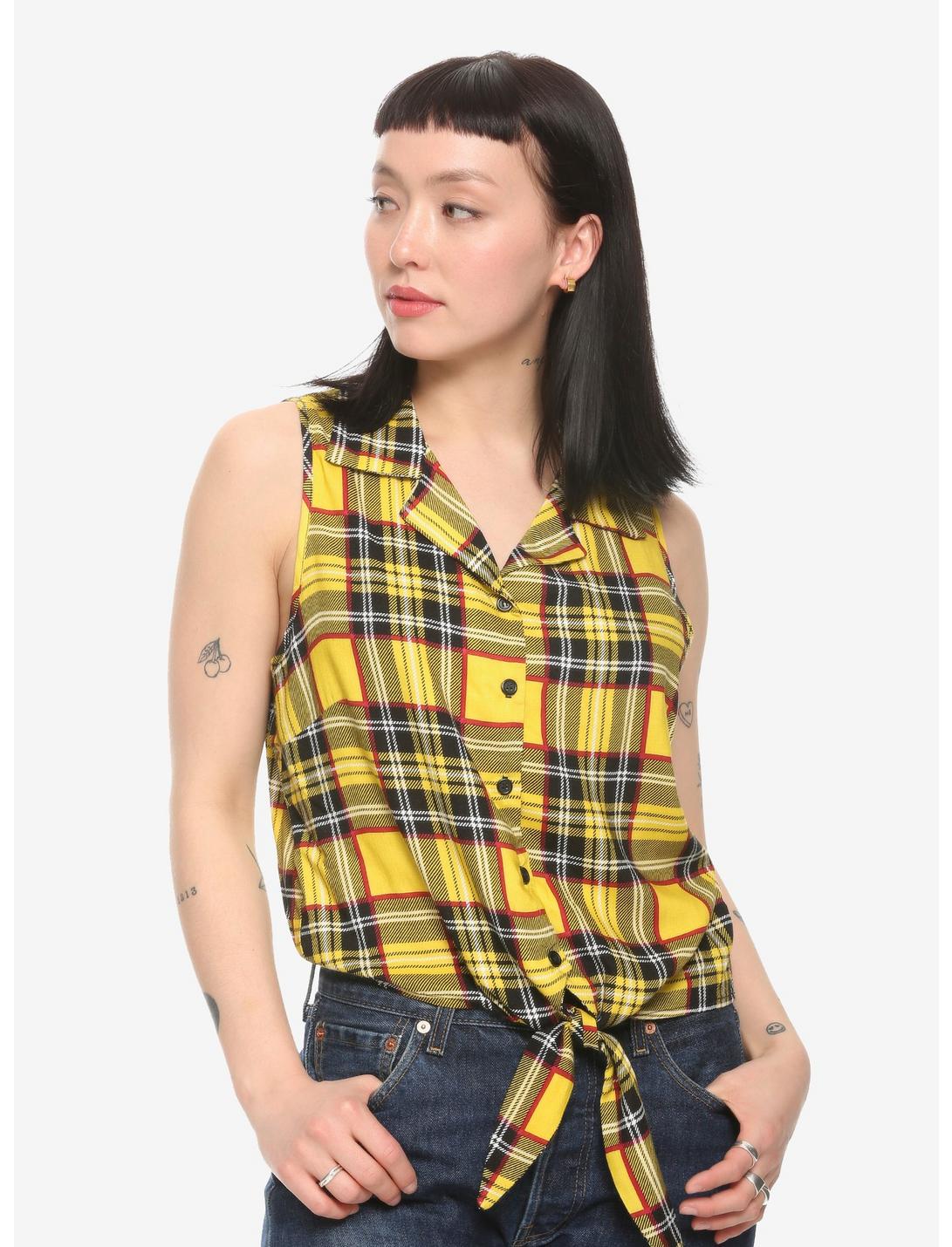 Yellow Plaid Tie-Front Girls Woven Button-Up, YELLOW, hi-res