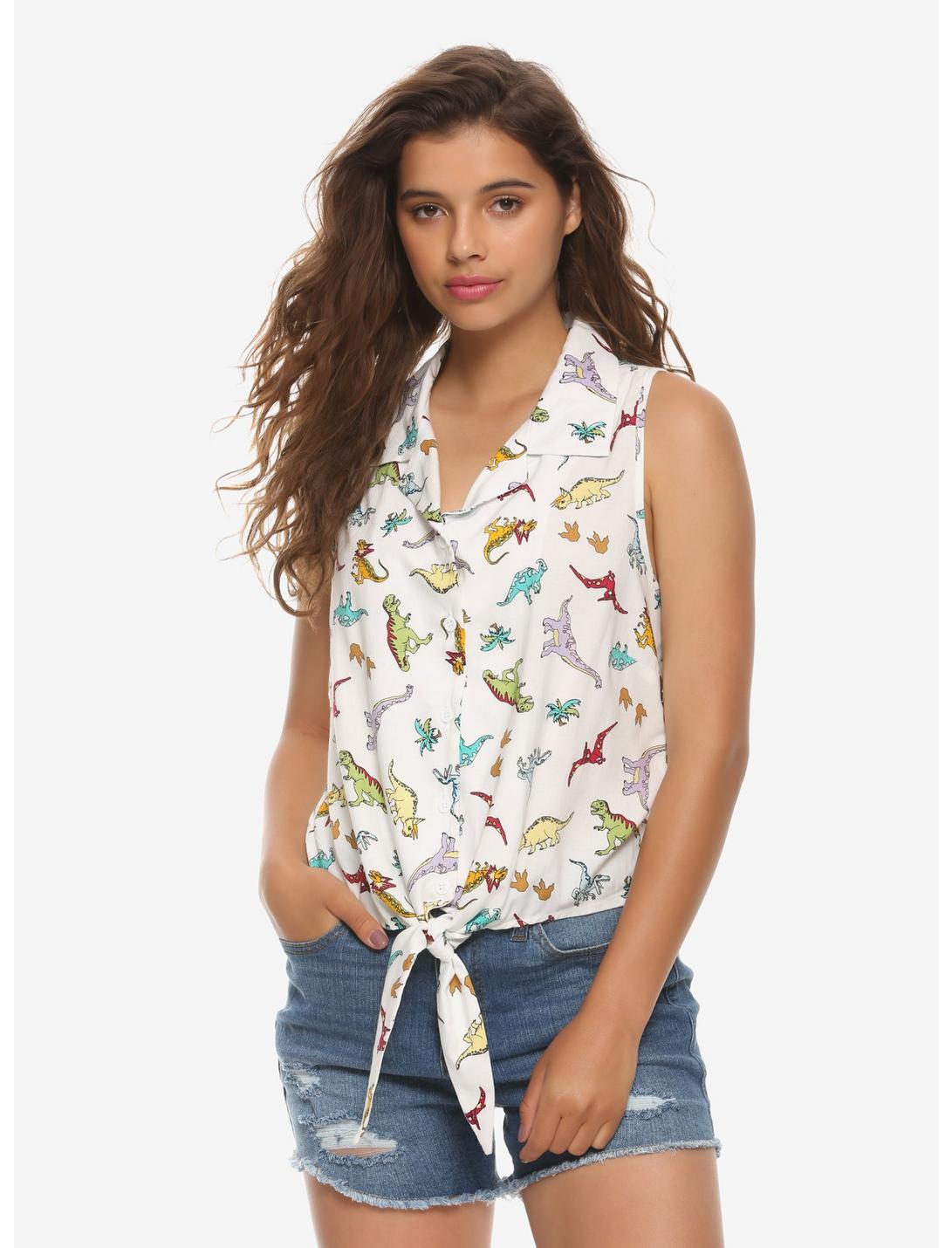 Dinosaurs Girls Tie-Front Sleeveless Button-Up Shirt, CREAM, hi-res