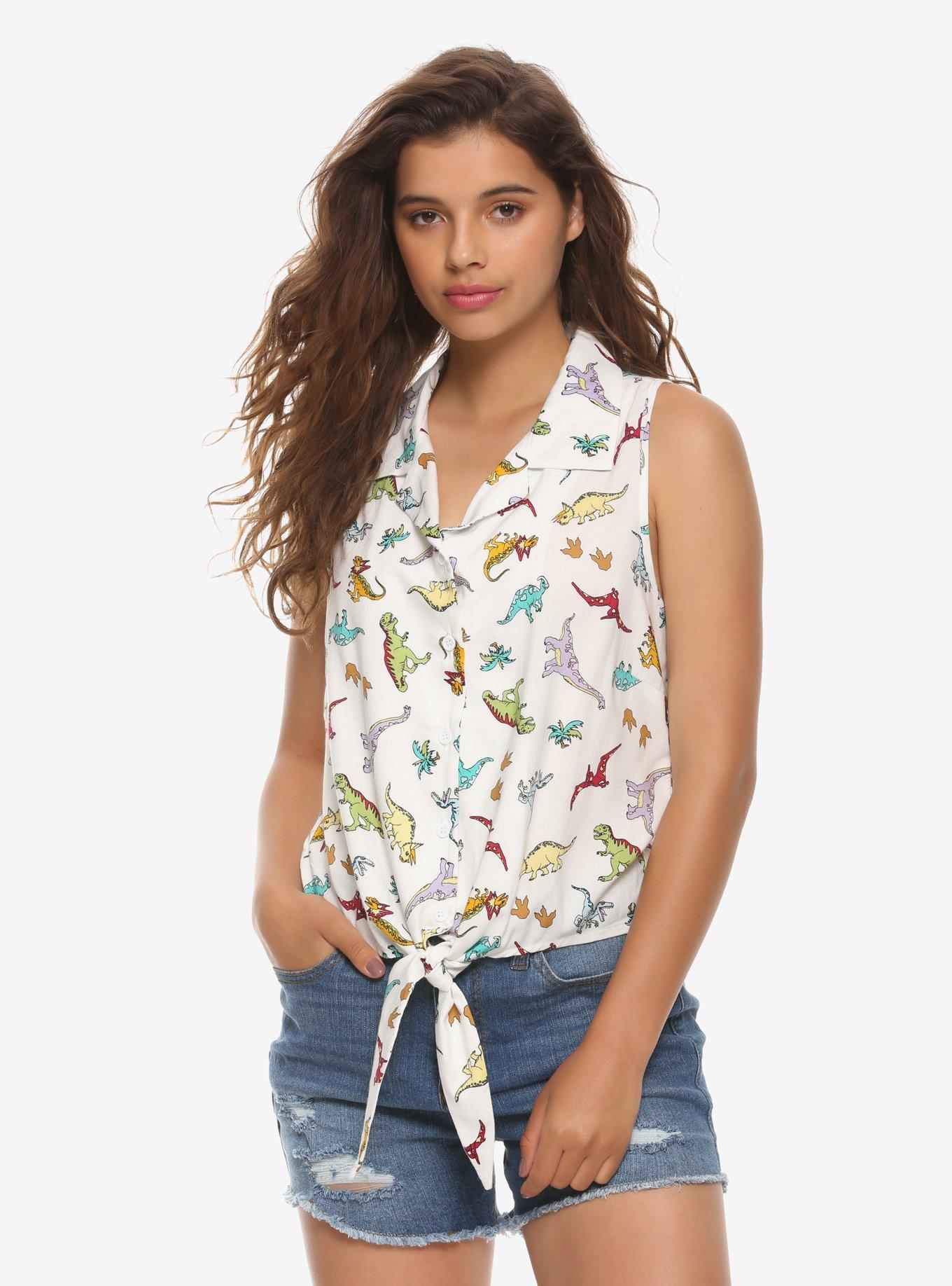 Dinosaurs Girls Tie-Front Sleeveless Button-Up Shirt, CREAM, hi-res