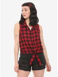 Red Plaid Tie-Front Girls Woven Button-Up, RED, hi-res