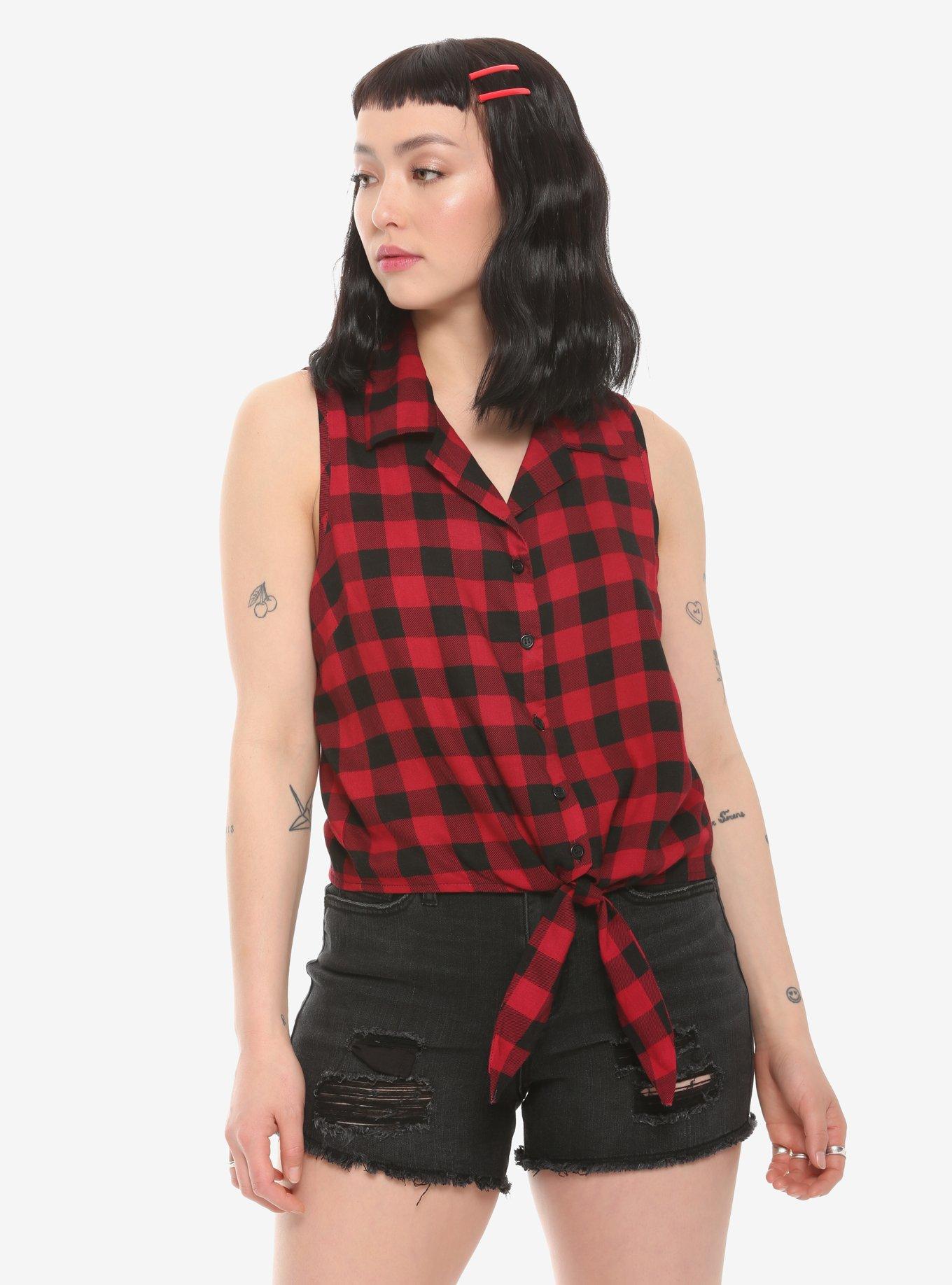 Red Plaid Tie-Front Girls Woven Button-Up, RED, hi-res