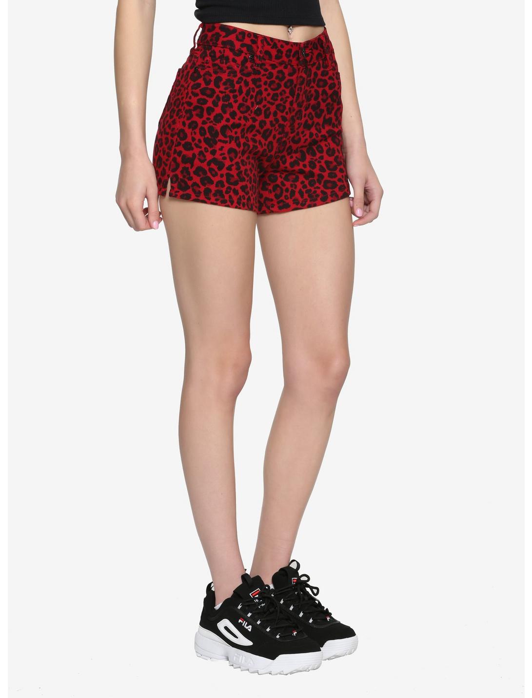 Cherry Red Leopard Print Skinny Shorts With Slits, LEOPARD, hi-res