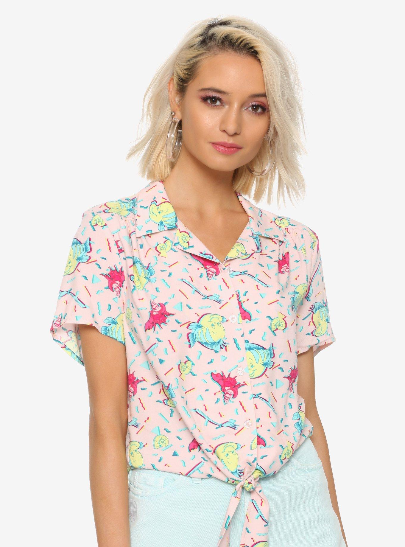 Disney The Little Mermaid 30th Anniversary Flounder & Sebastian Tie Front Woven Button-Up, MULTI, hi-res