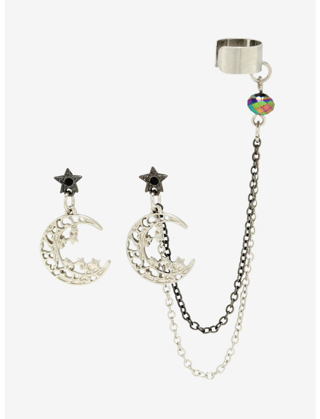 Moon & Star Dangle Cuff Earring Set, , hi-res