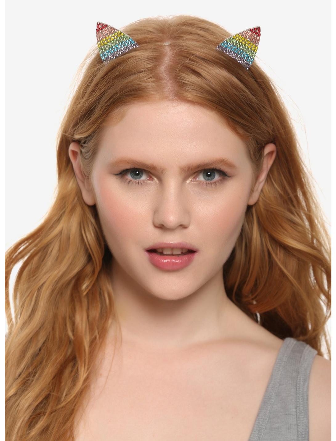 Rainbow Bedazzled Cat Ear Headband, , hi-res