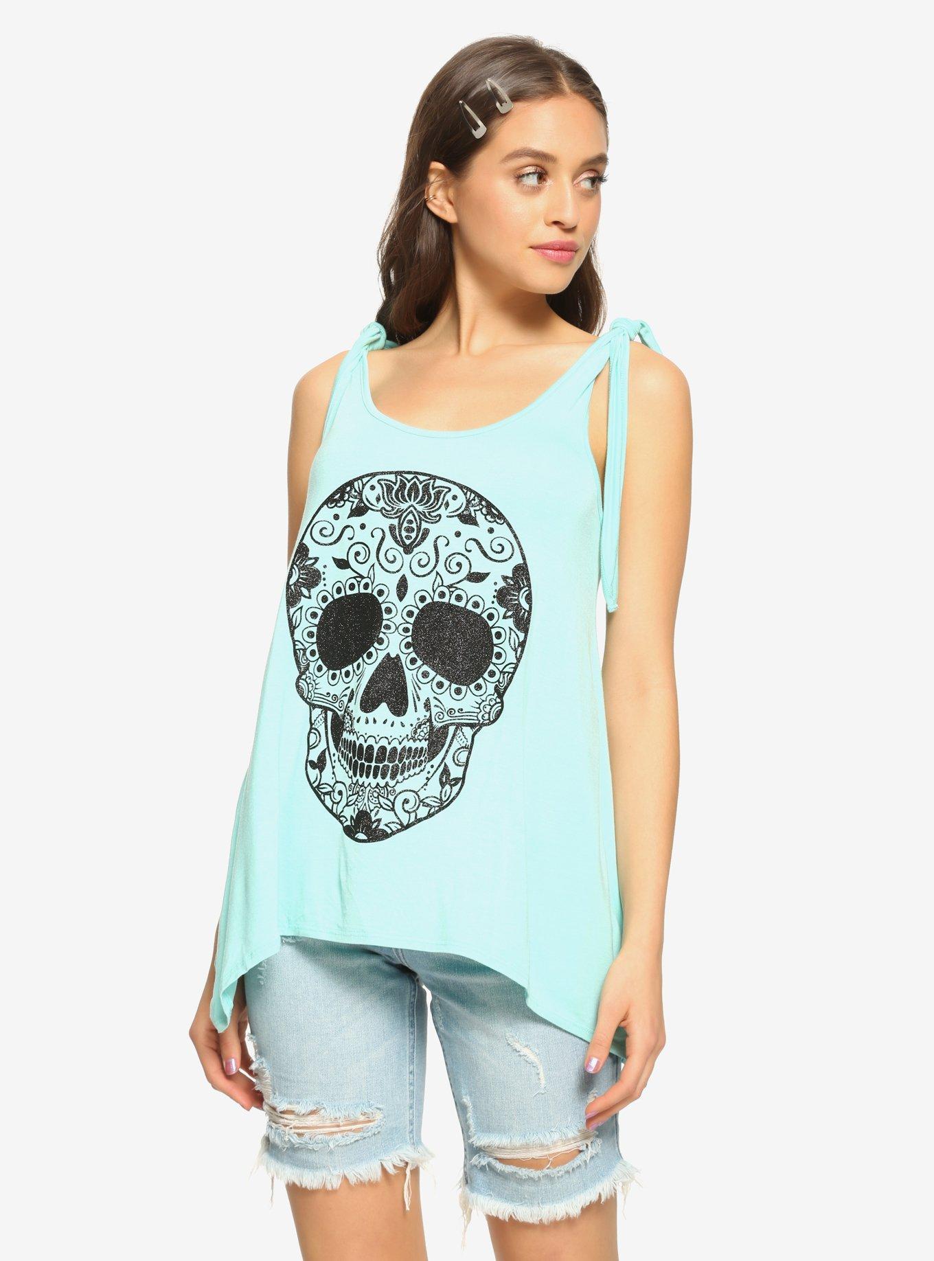 Glitter Skull Shoulder Tie Girls Tank Top, MINT, hi-res