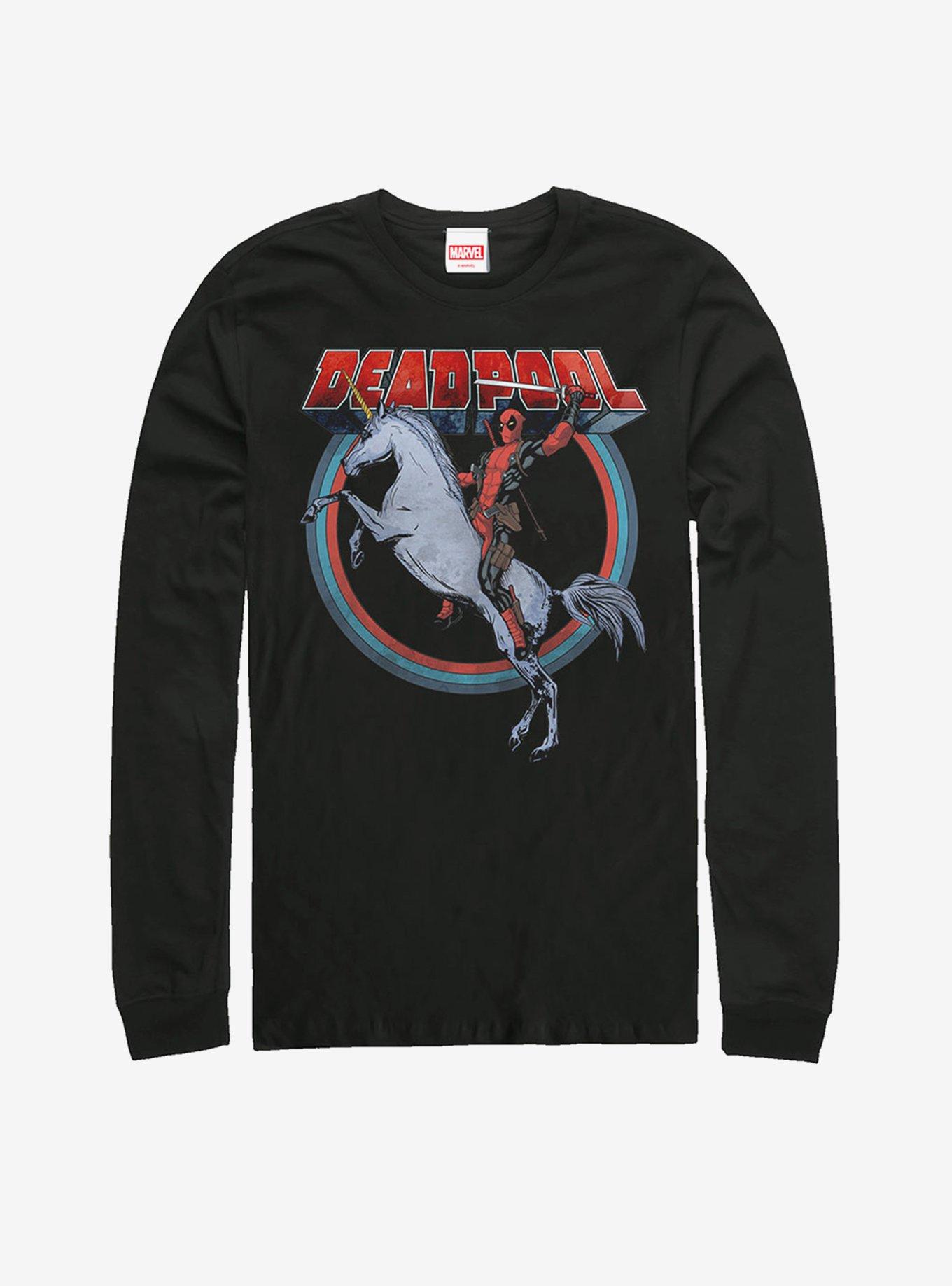 Marvel Deadpool Rides Unicorn Long Sleeve T-Shirt, BLACK, hi-res