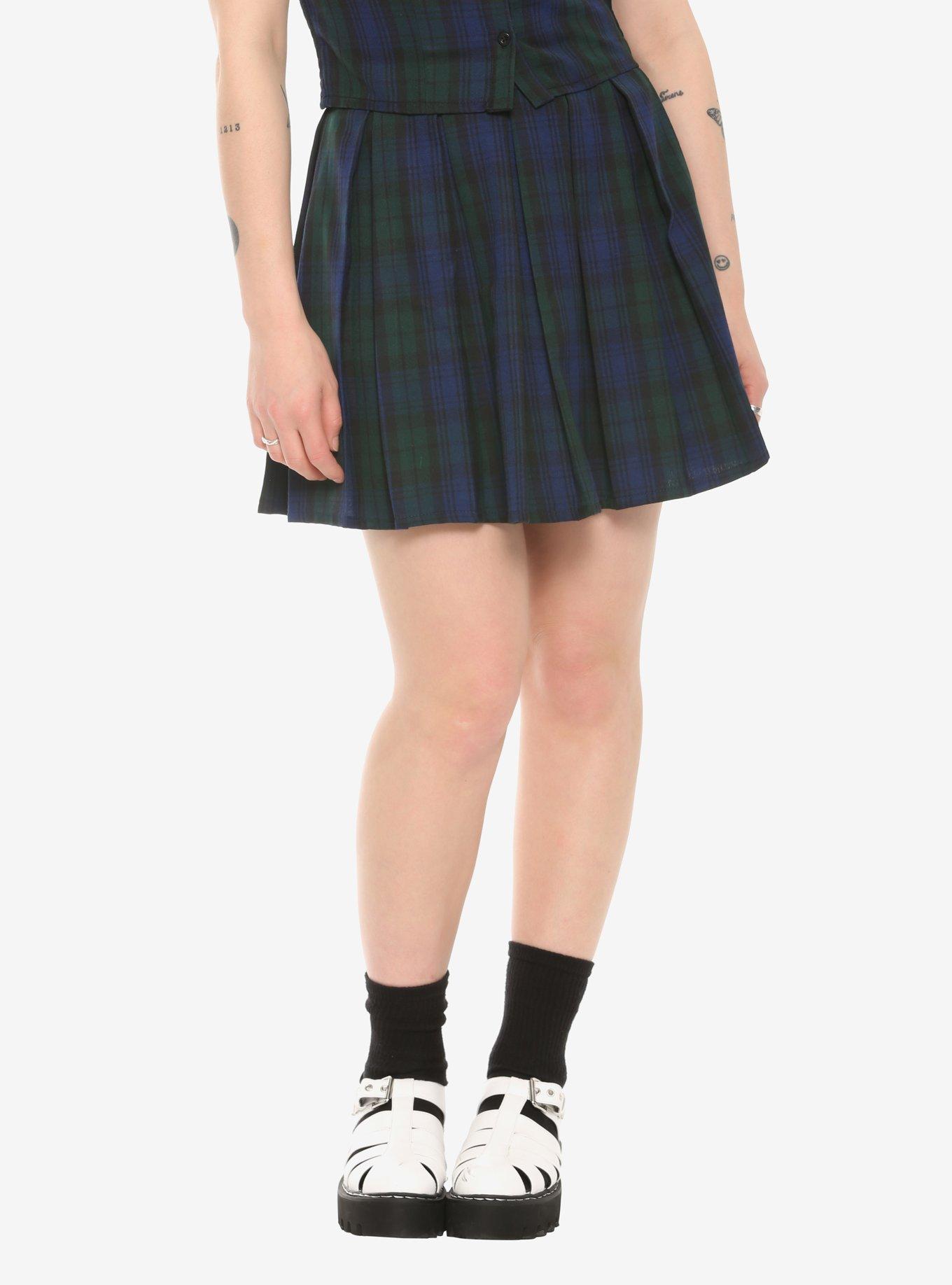 Green & Blue Plaid Pleated Skirt, PLAID, hi-res