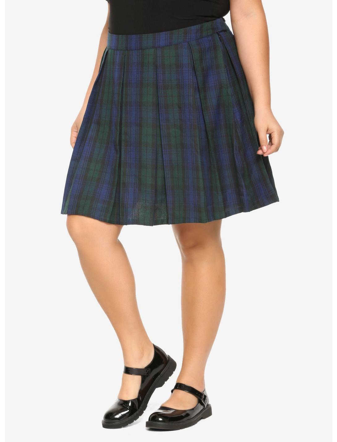 Green & Blue Plaid Pleated Skirt Plus Size, PLAID, hi-res