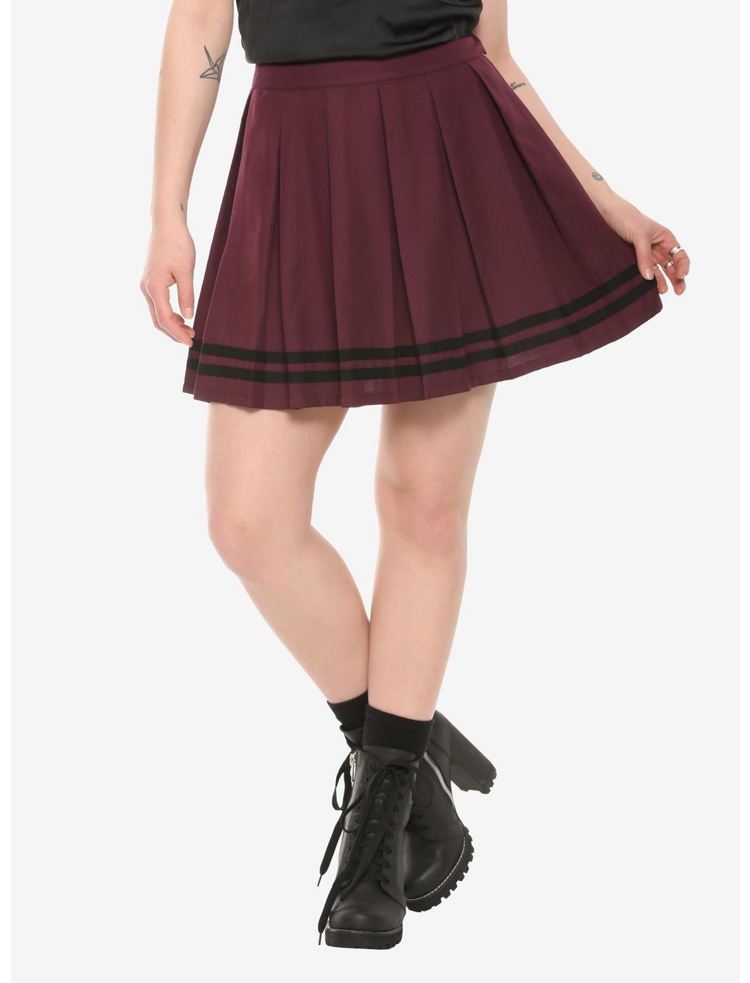 Burgundy With Black Stripe Pleated Skirt, BURGUNDY, hi-res