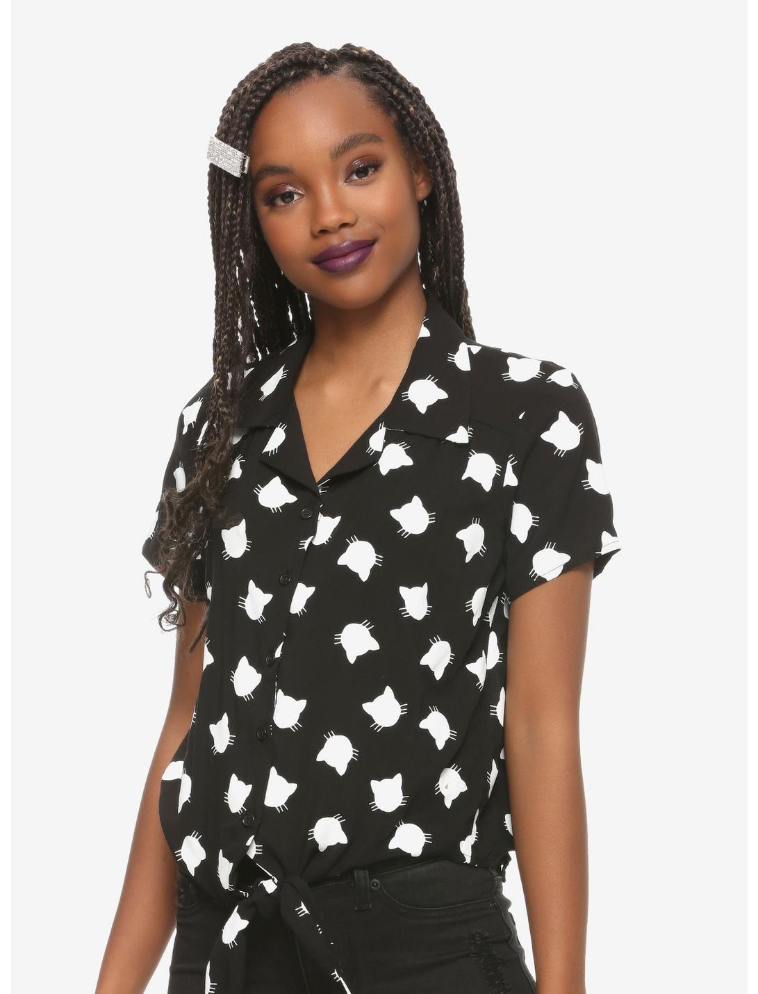 White Cat Silhouette Tie-Front Girls Woven Button-Up, BLACK, hi-res