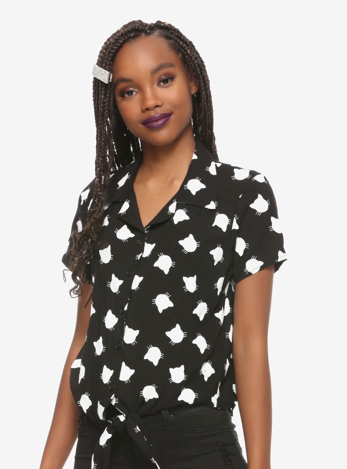 White Cat Silhouette Tie-Front Girls Woven Button-Up, BLACK, hi-res