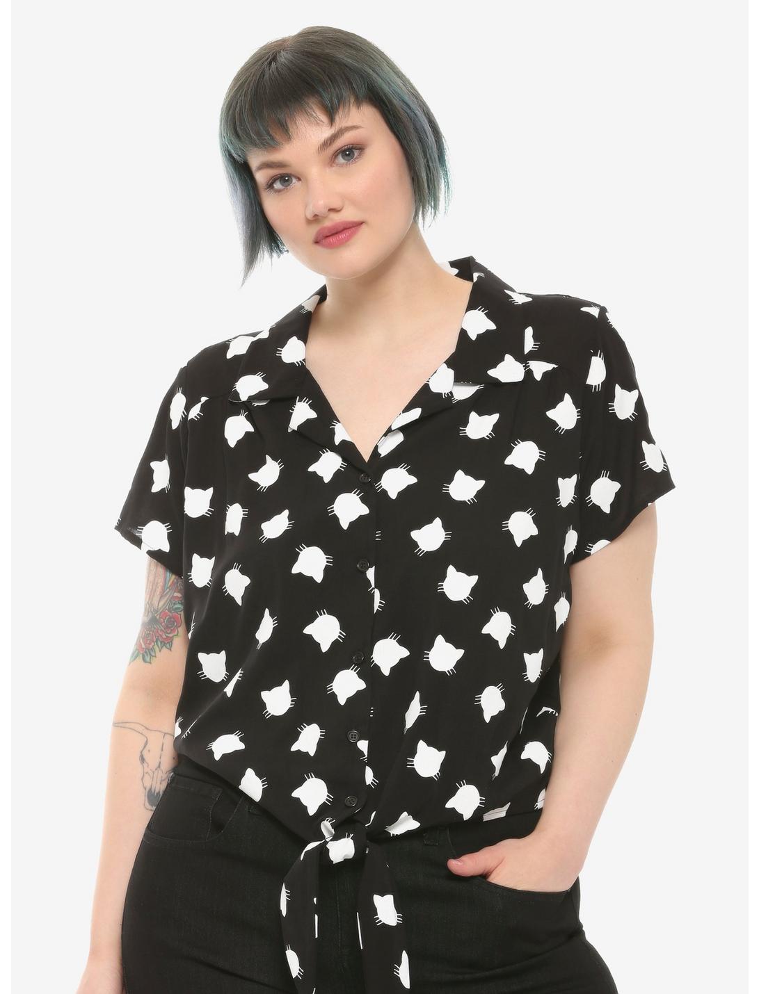 White Cat Silhouette Tie Front Girls Woven Button-Up Plus Size, BLACK, hi-res