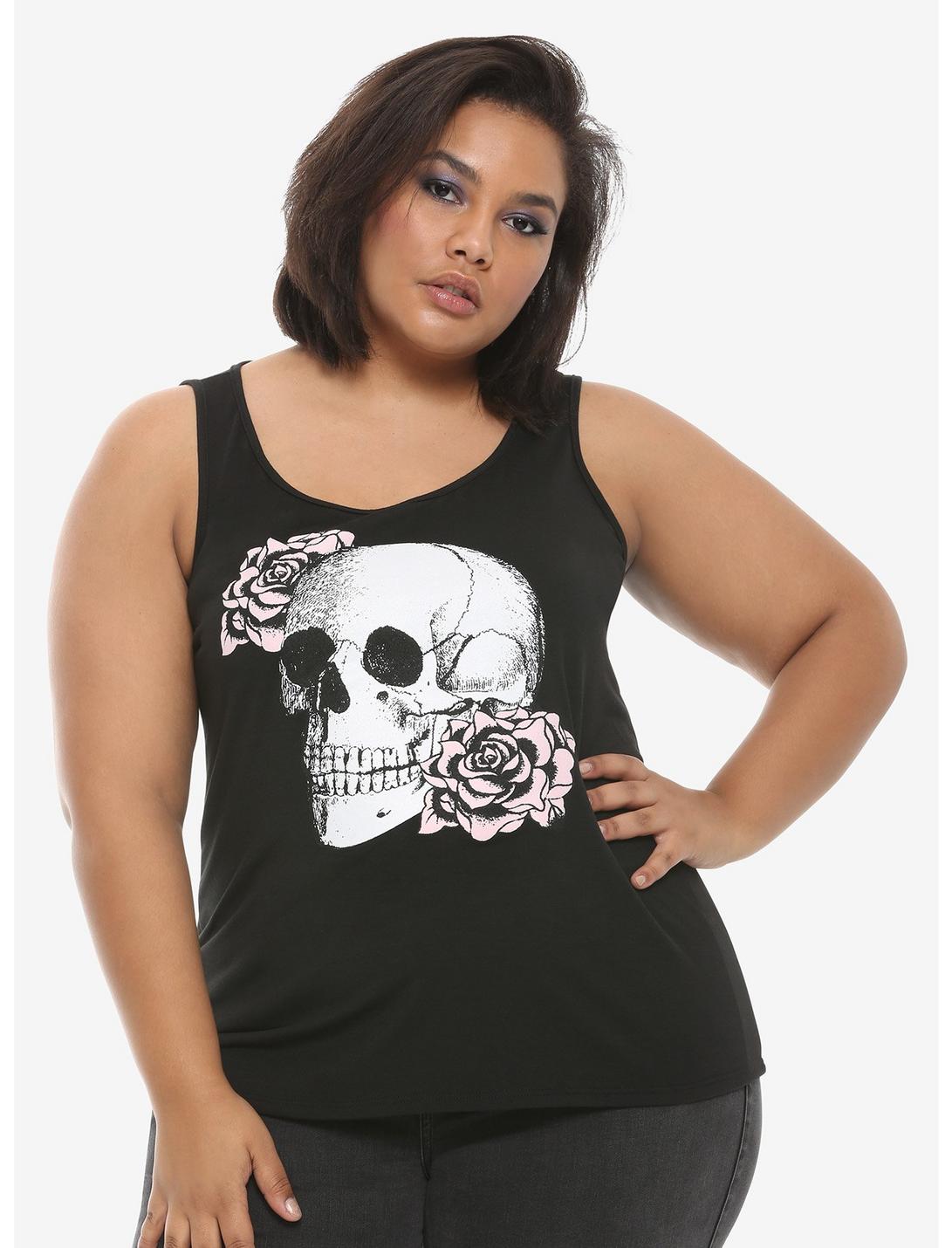 Black Skull With Flowers Girls Tank Top Plus Size, BLACK, hi-res