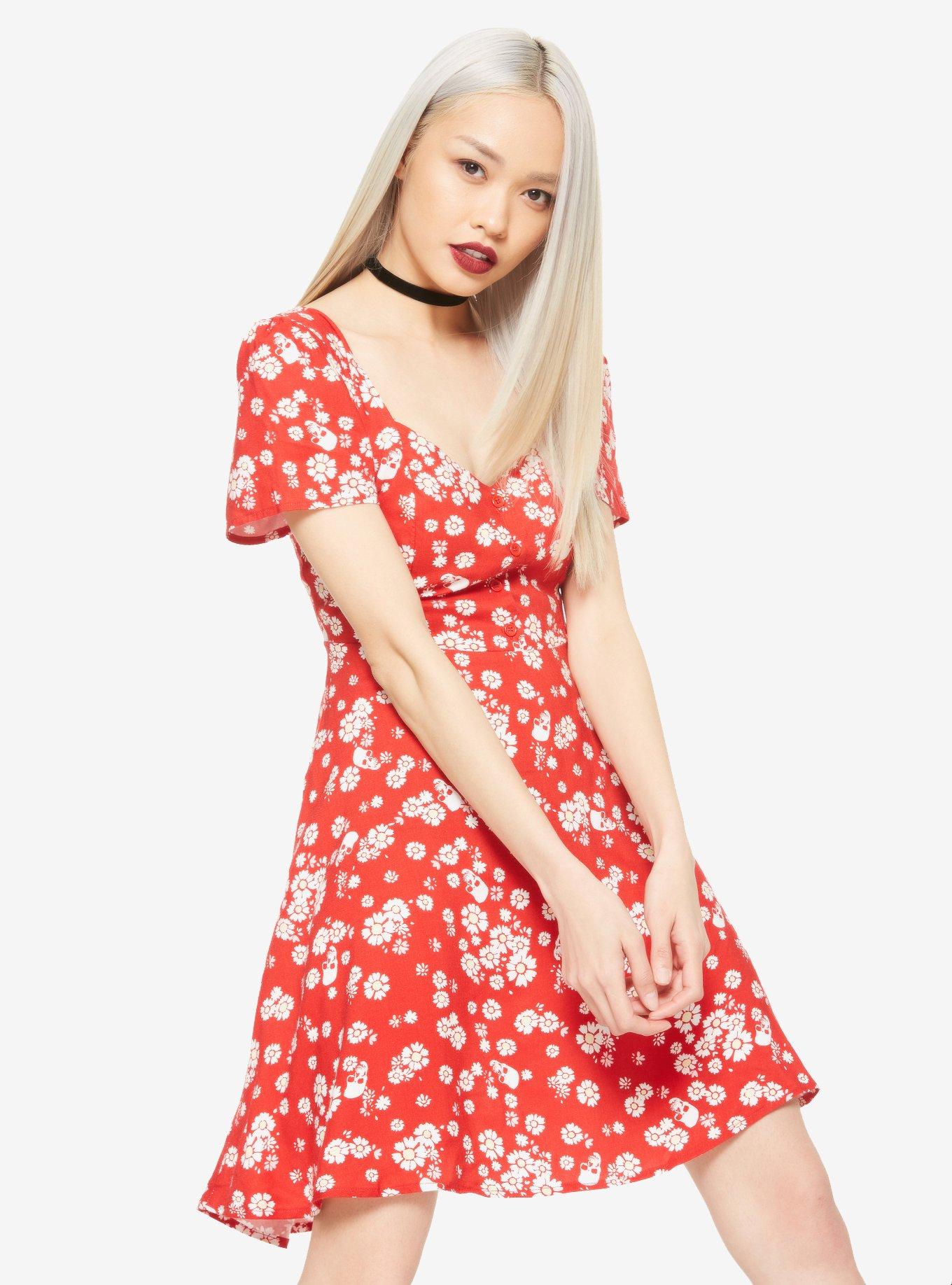 Red Daisy & Skulls Retro Dress, FLORAL, hi-res