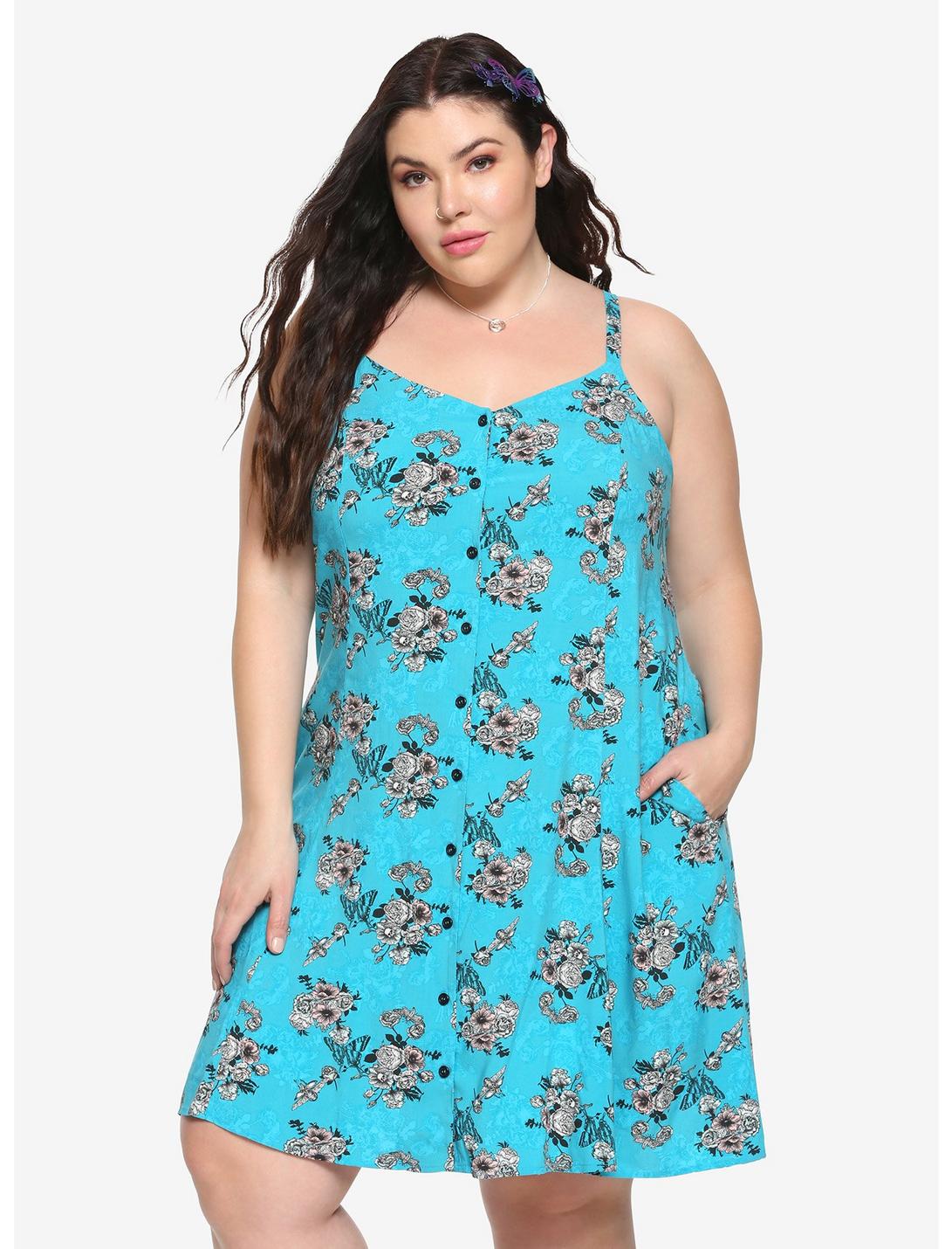 Teal Floral Button-Front Dress Plus Size, , hi-res
