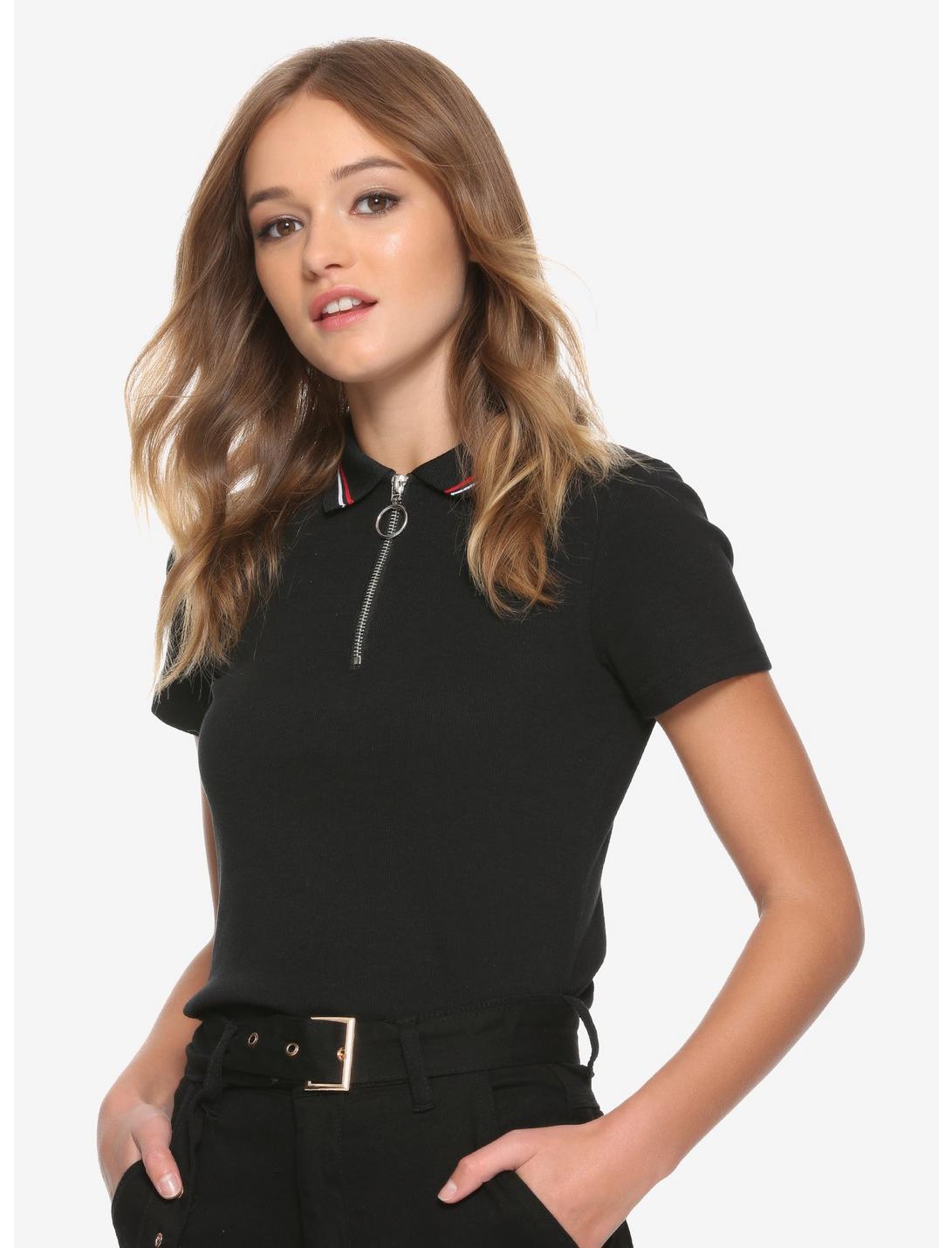 Black Striped Collar Zipper Girls Polo Shirt, BLACK, hi-res