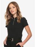 Black Striped Collar Zipper Girls Polo Shirt, BLACK, hi-res