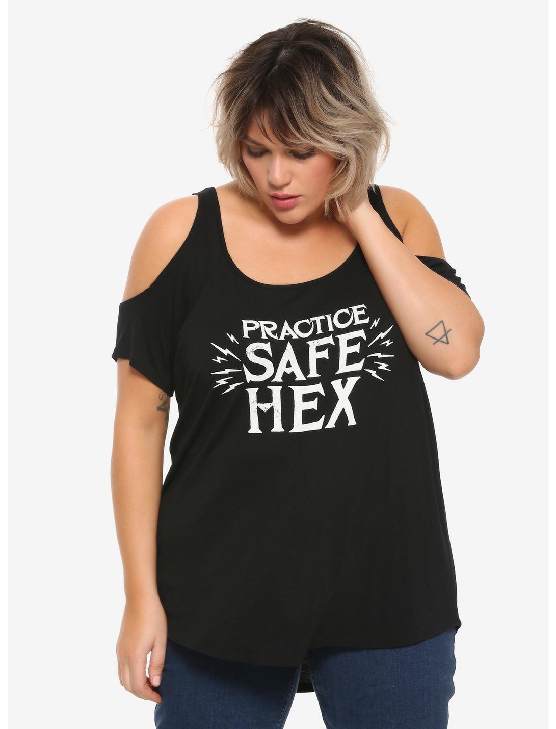 Practice Safe Hex Girls Cold Shoulder Top Plus Size, BLACK, hi-res