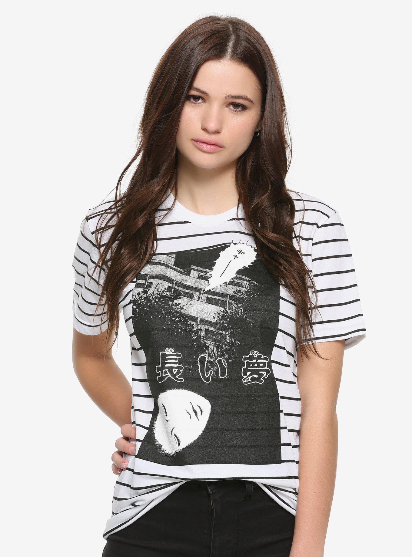 Junji Ito Collection Panel Striped Girls T-Shirt, BLACK, hi-res