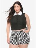 White Collared Sleeveless Girls Button-Up Top Plus Size, BLACK, hi-res
