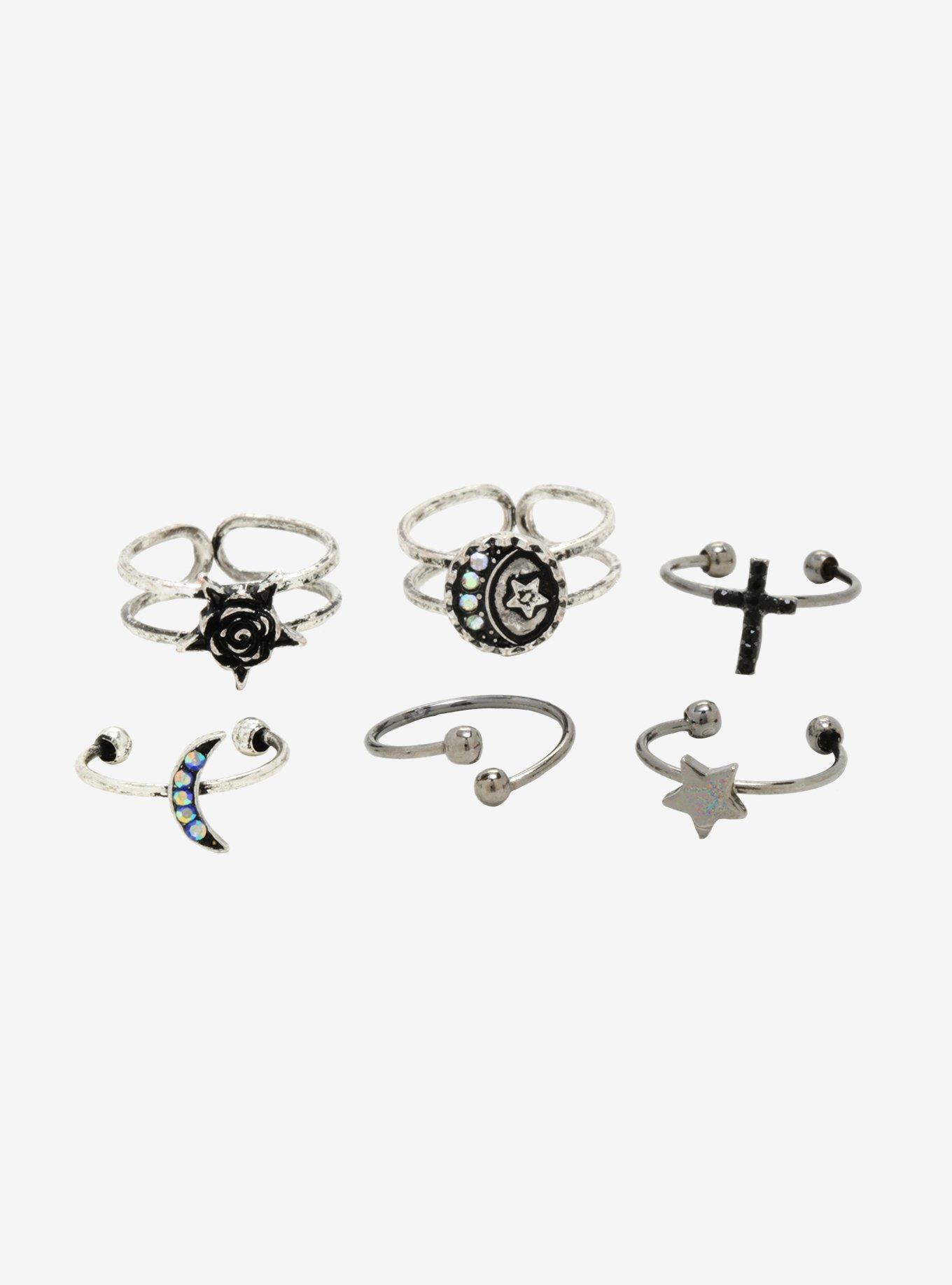 Moon Rose Star Cross Silver Toe Ring Set, , hi-res
