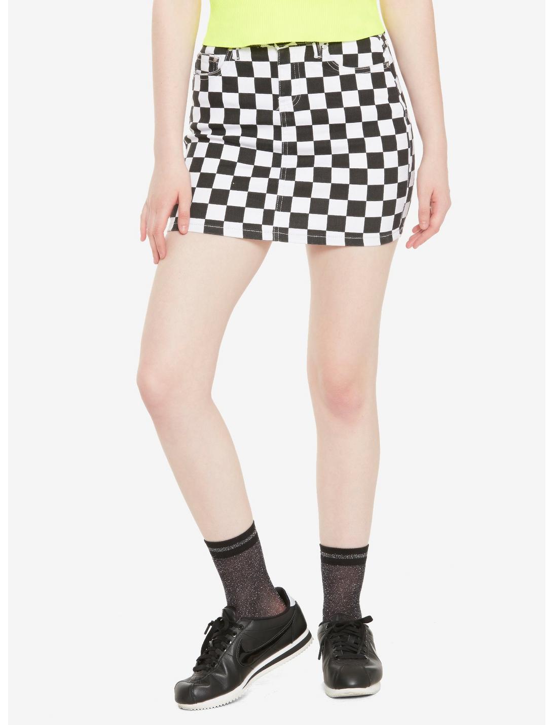 Black & White Checkered Denim Mini Skirt, MULTI, hi-res