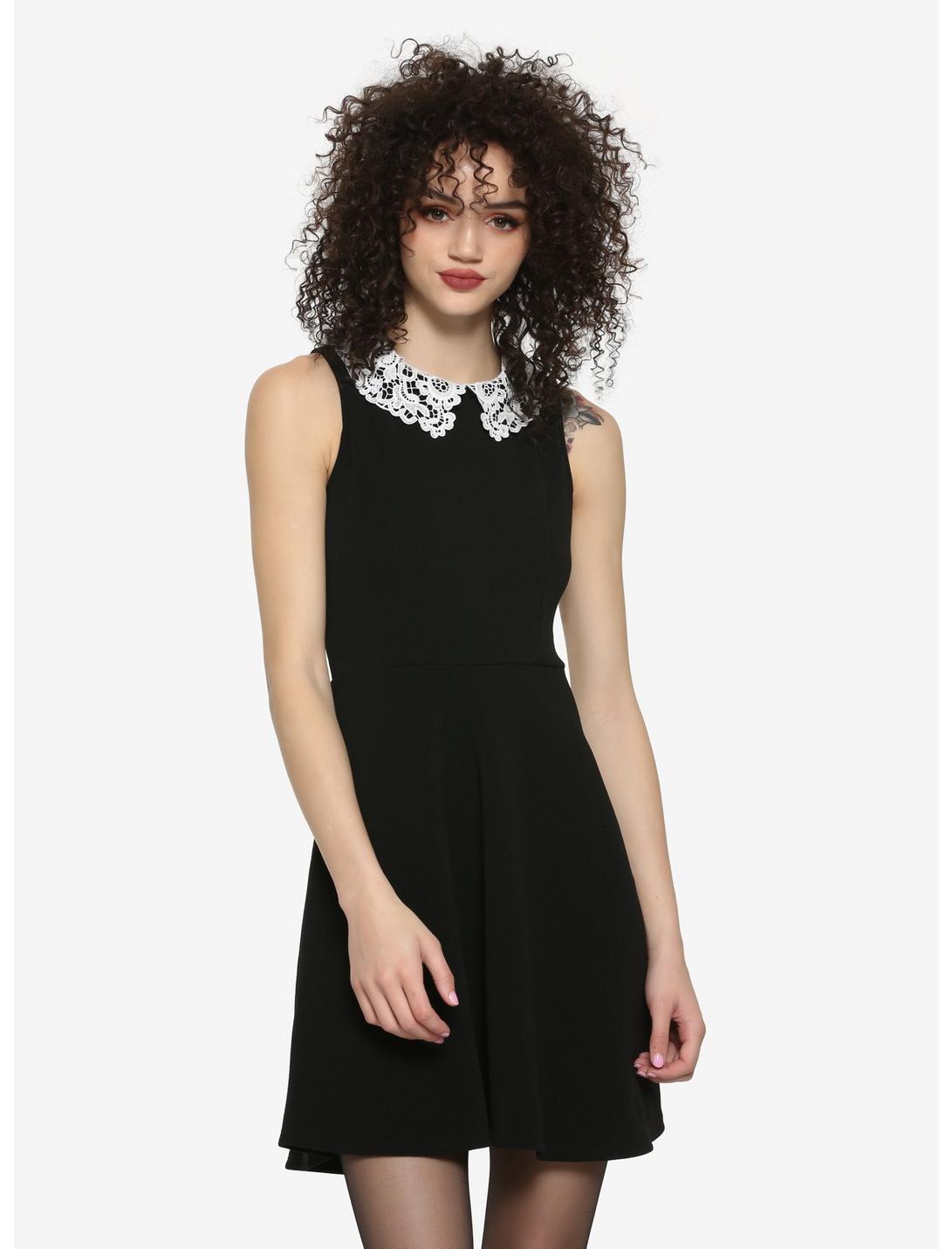 Black Lace Collar Dress, BLACK, hi-res