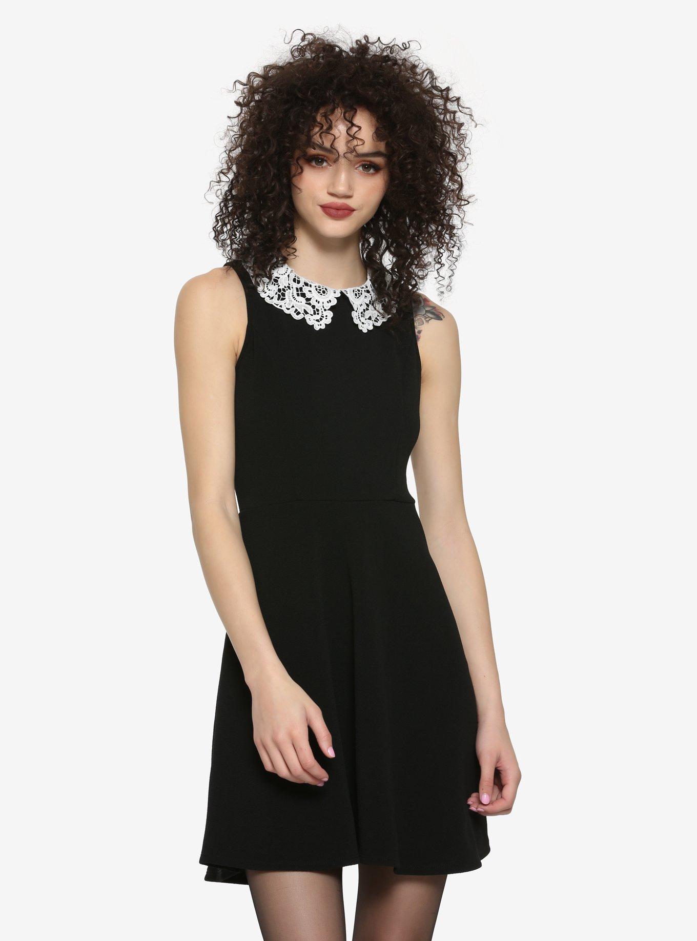Black Lace Collar Dress, BLACK, hi-res