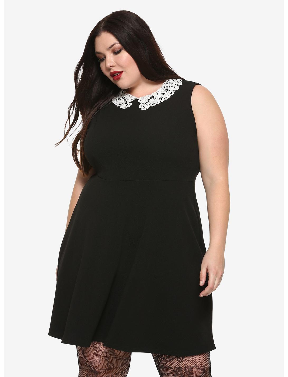 Black Lace Collar Dress Plus Size, BLACK, hi-res