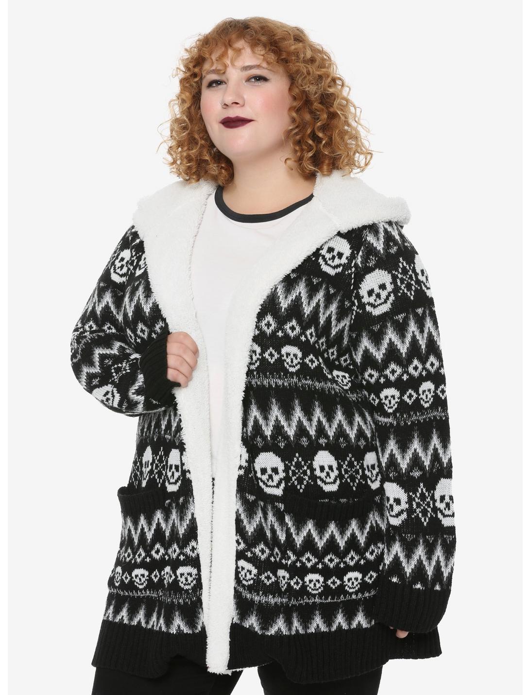 Skull Fair Isle Sherpa Girls Open Cardigan Plus Size, BLACK, hi-res