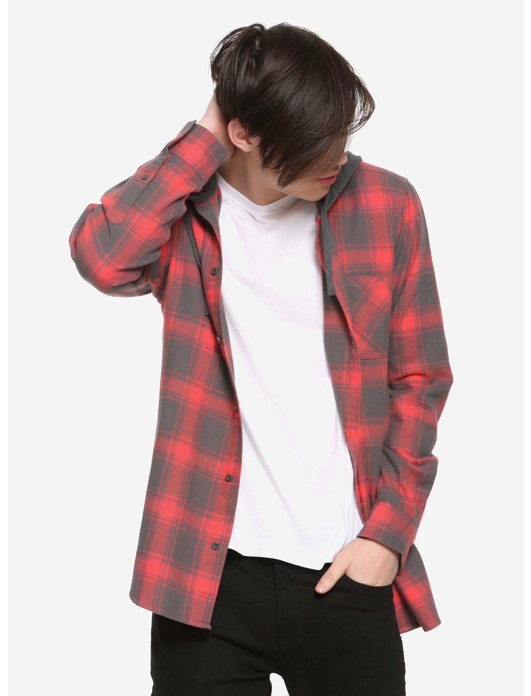 Red & Grey Plaid Hooded Flannel Button-Up, BLACK, hi-res