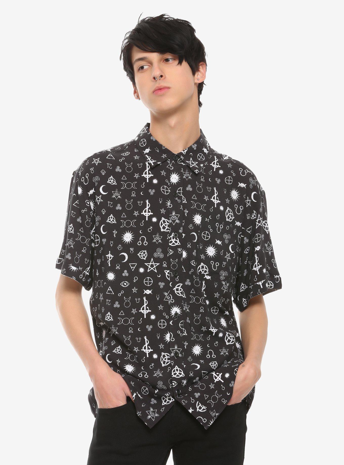 Occult Symbols Woven Button-Up, WHITE, hi-res