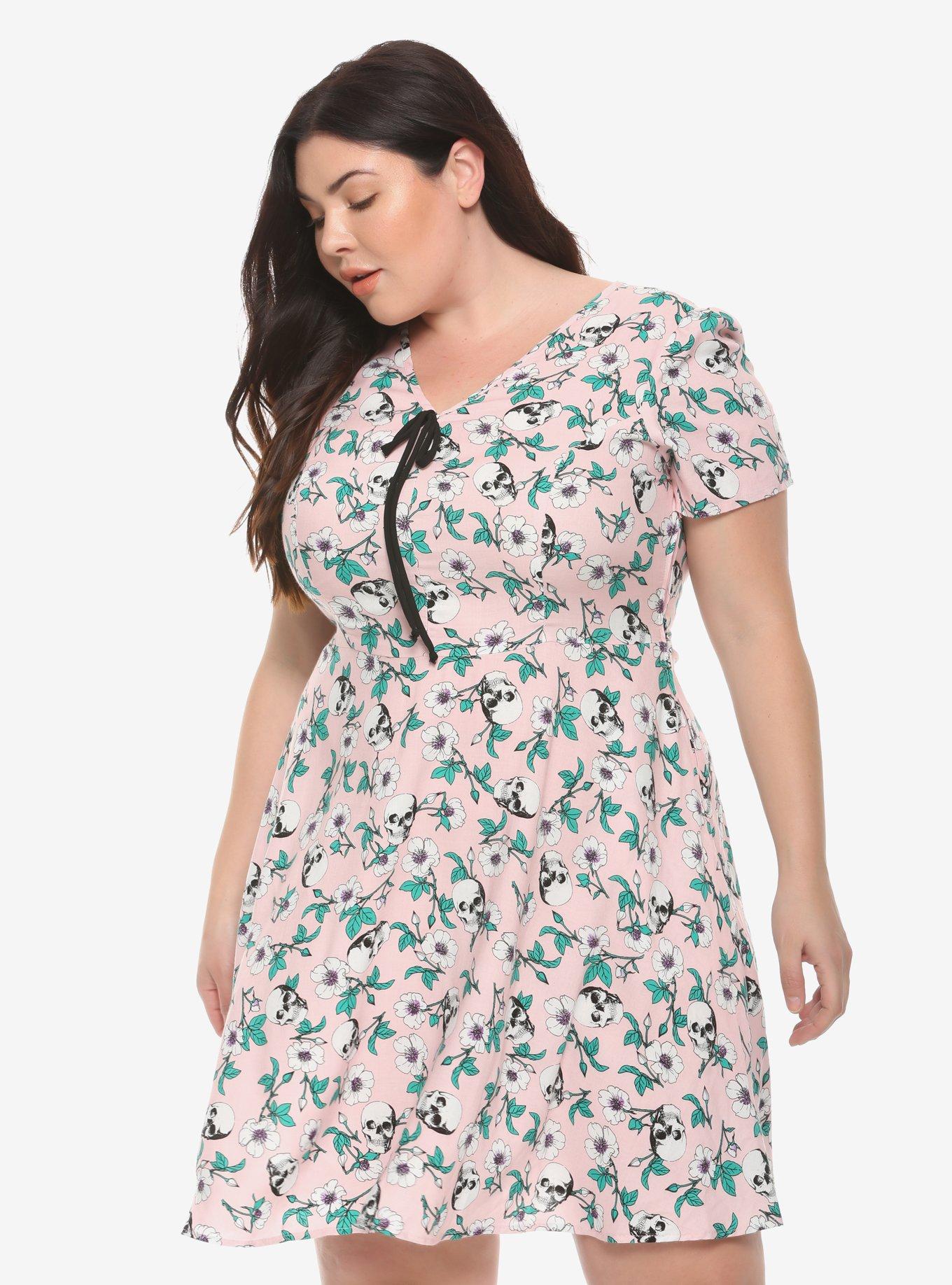 Pink Skulls & Flowers Retro Dress Plus Size, FLORAL, hi-res