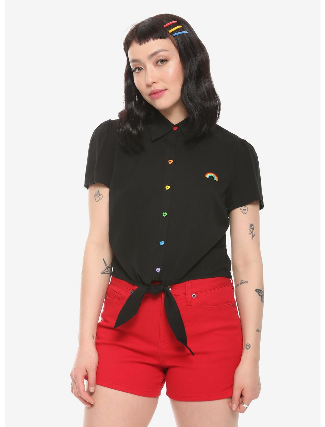Rainbow Buttons Tie-Front Girls Woven Button-Up, BLACK, hi-res