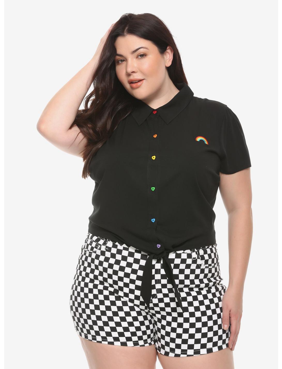 Rainbow Buttons Tie Front Girls Woven Button-Up Plus Size, BLACK, hi-res