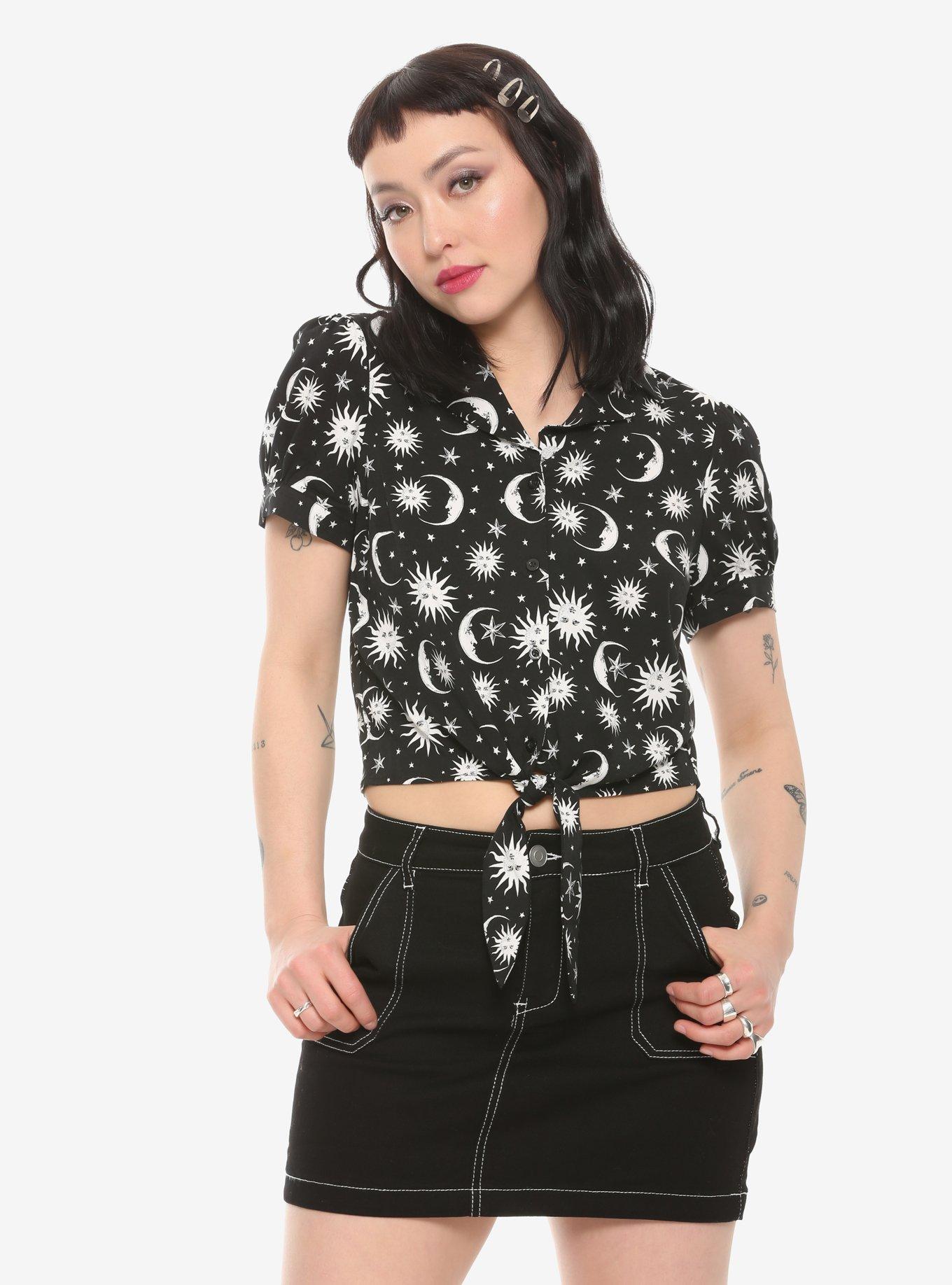 Black & White Celestial Girls Tie-Front Button-Up, BLACK, hi-res