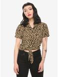Cheetah Print Tie-Front Girls Button-Up Top, BROWN, hi-res