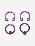 Steel Purple Flower & Gem Captive Hoop & Curved Barbell 4 Pack, PURPLE, hi-res