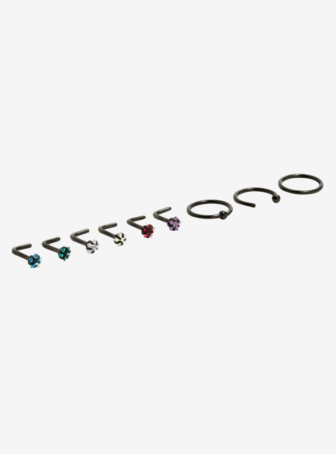 Steel Star Gems Nose Stud & Hoop 9 Pack, MULTI, hi-res