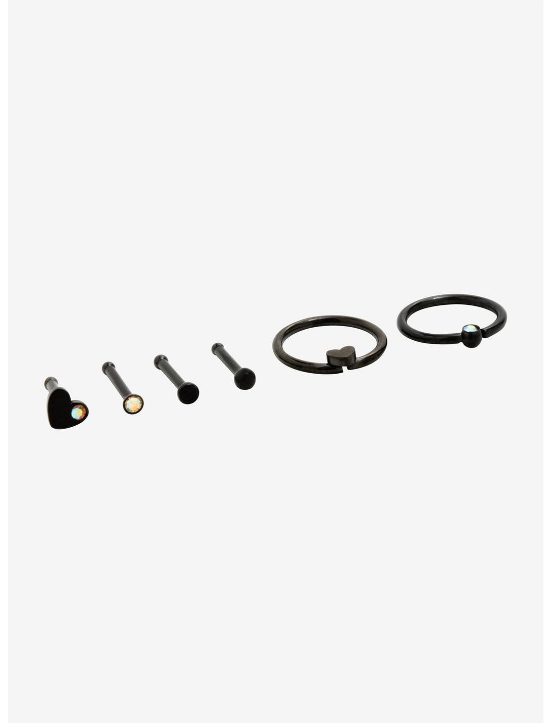 Steel Black Heart & Opal Nose Stud & Hoop 6 Pack, MULTI, hi-res