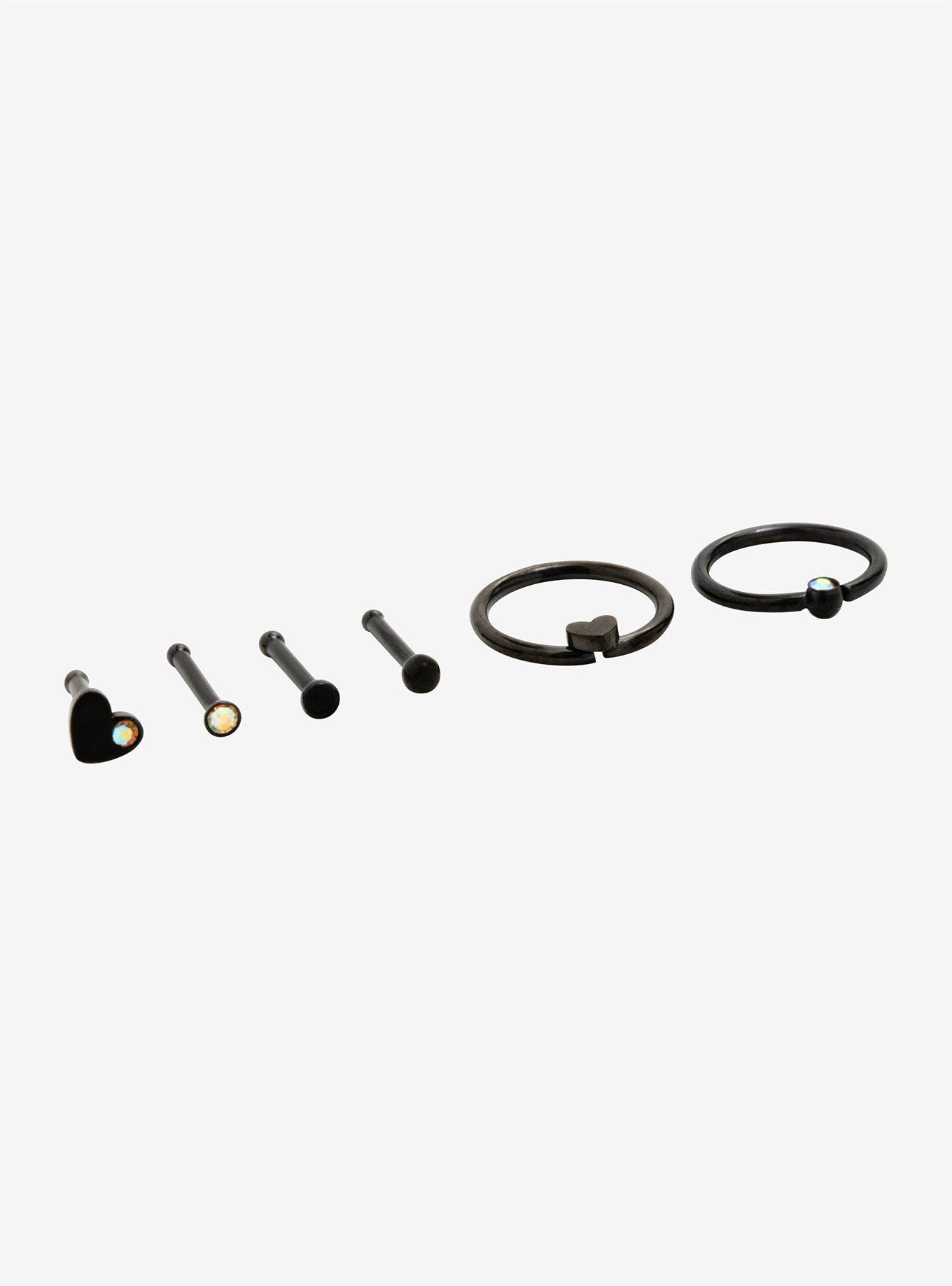 Steel Black Heart & Opal Nose Stud & Hoop 6 Pack, MULTI, hi-res