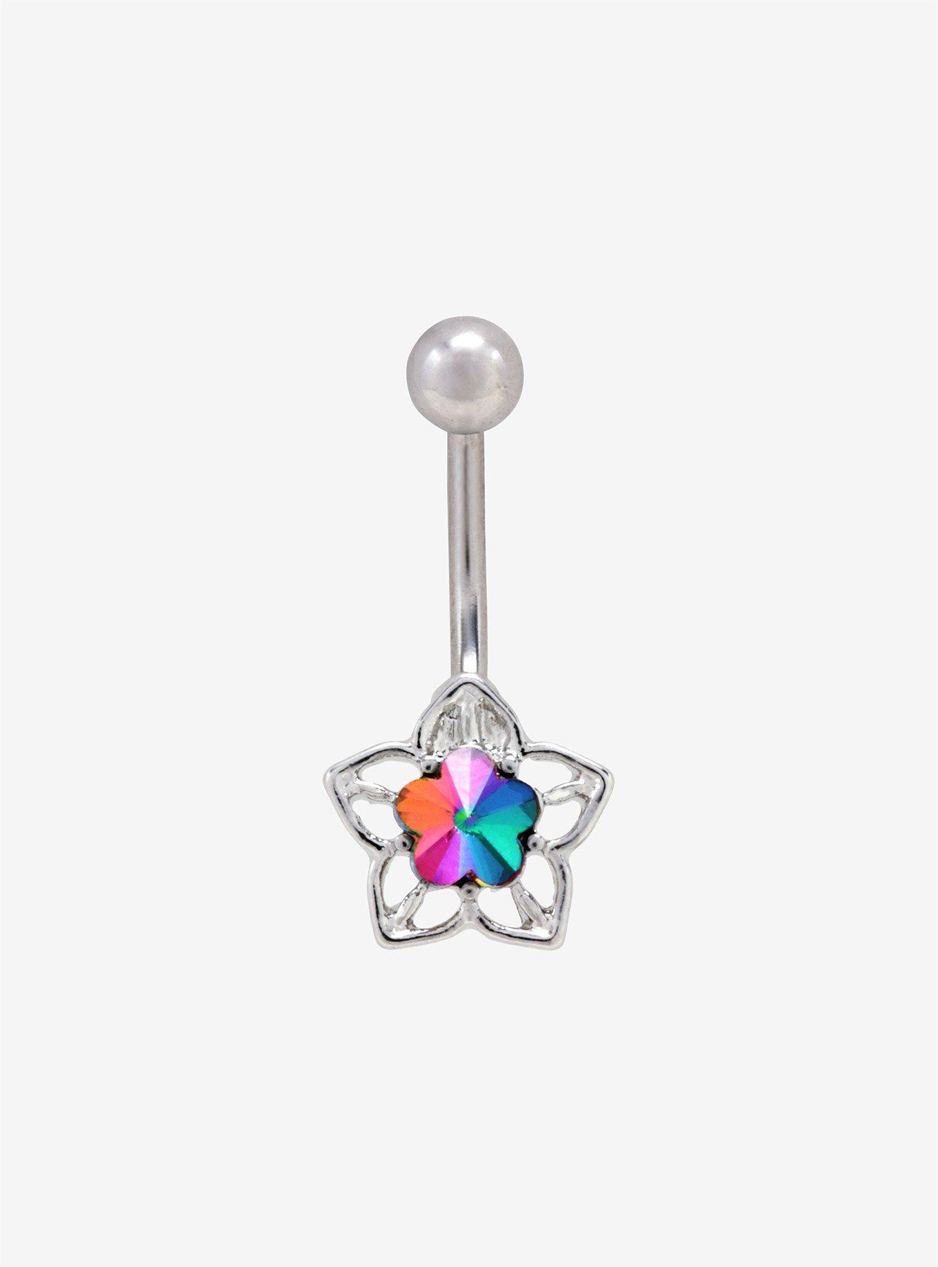 14G Steel Star Flower Rainbow CZ Navel Barbell, , hi-res