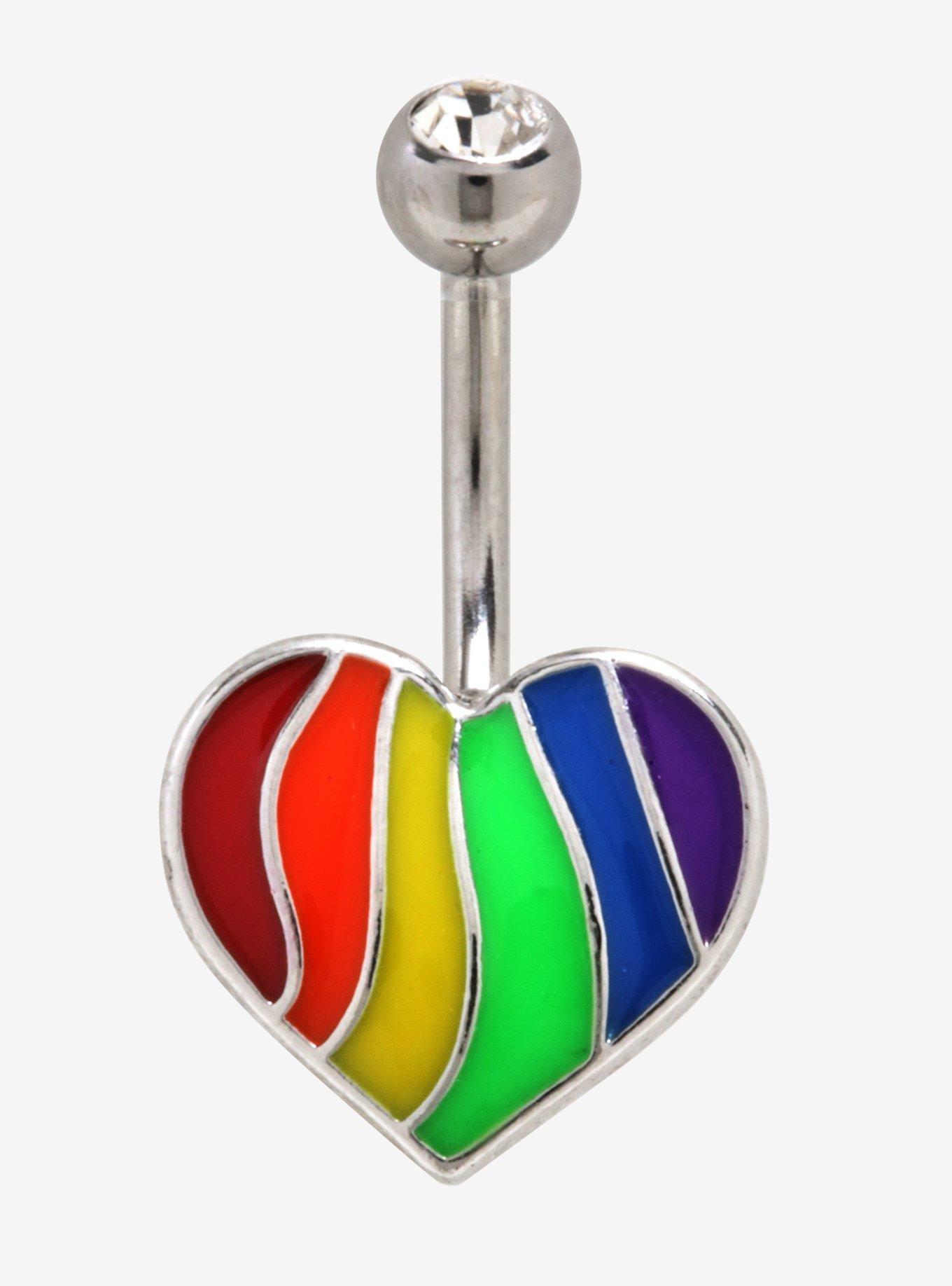 14G Steel Rainbow Heart Navel Barbell, , hi-res