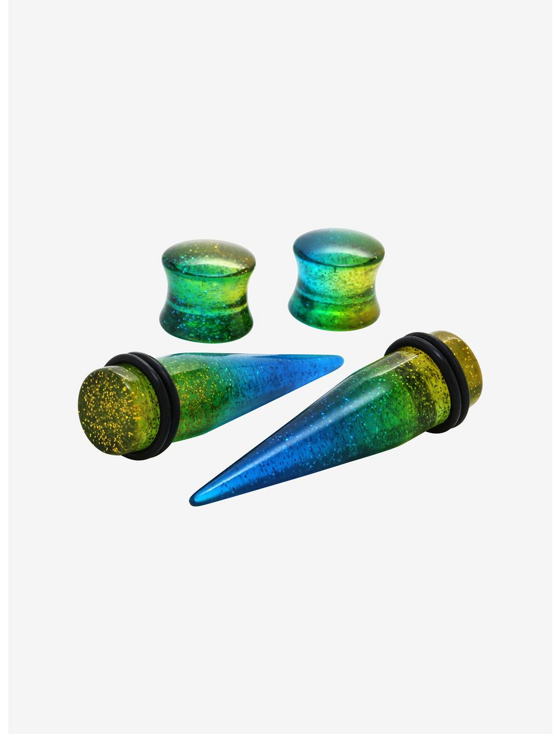 Acrylic Blue Yellow Ombre Glitter Taper & Plug 4 Pack, MULTI, hi-res