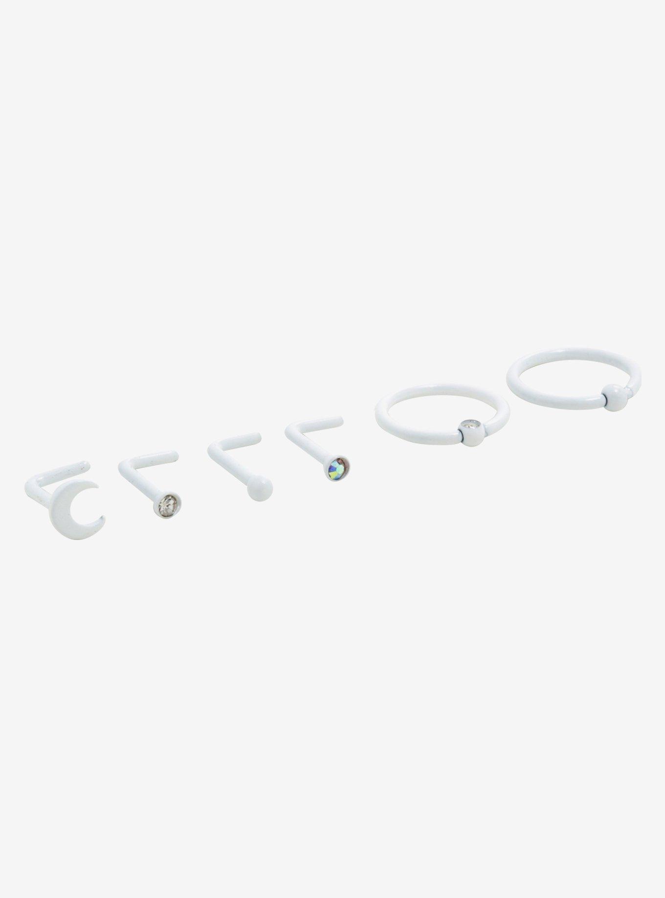 Steel White Crescent Moon Nose Stud & Hoop 6 Pack, MULTI, hi-res